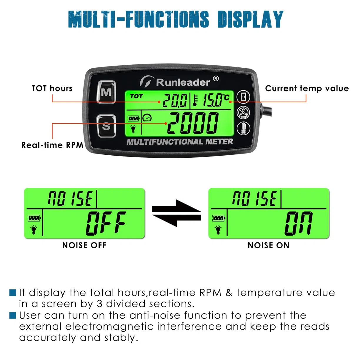 Runleader Medidor de Temperatura del Motor Digital, Tacómetro de Horas de Mantenimiento, Reemplazo de Batería para Tractor de Jardín, Generador, Motocicleta, ATV, Motonieve, etc.