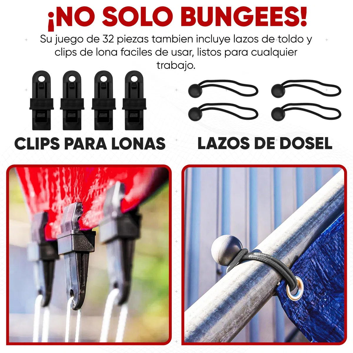 FORTEM Multipack Accesorios de Coche, 32 Piezas Muy Resistentes - Pulpos Elásticos con Gancho - Tensores de Lona - Cinchas de Amarre Elásticas con Bola - Ganchos de Metal plastificado