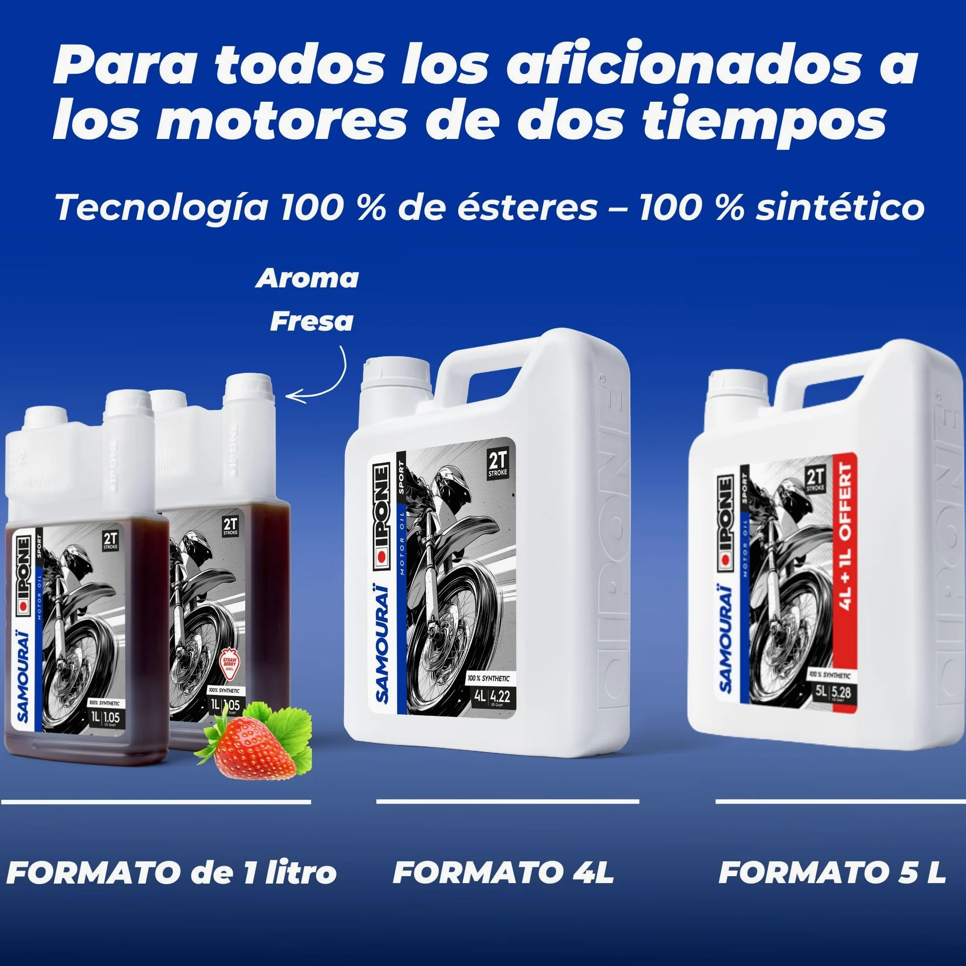 IPONE – Aceite de Motor para Moto 2 Tiempos Samouraï – Bidón dosificador 1 Litro - 100% sintético - Gama Sport - Altísimas prestaciones - Protección óptima del Motor - Uso Ocio y competición.