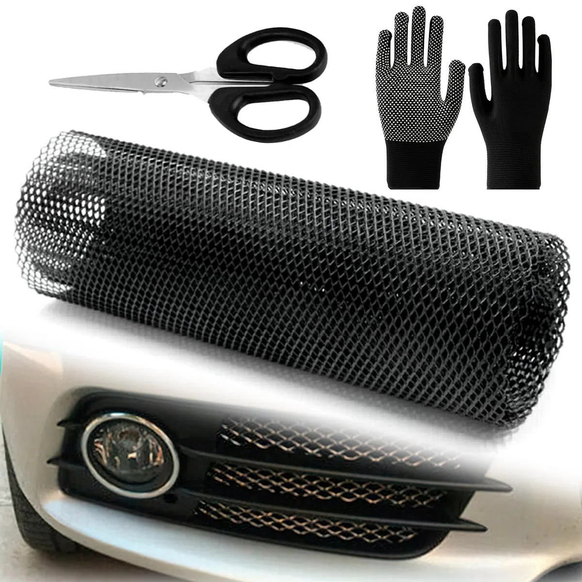 Rejilla Metálica de Aluminio para Carreras - Panal Universal para Coche, con Tijeras y Guantes, 100 x 33 cm (Negro)