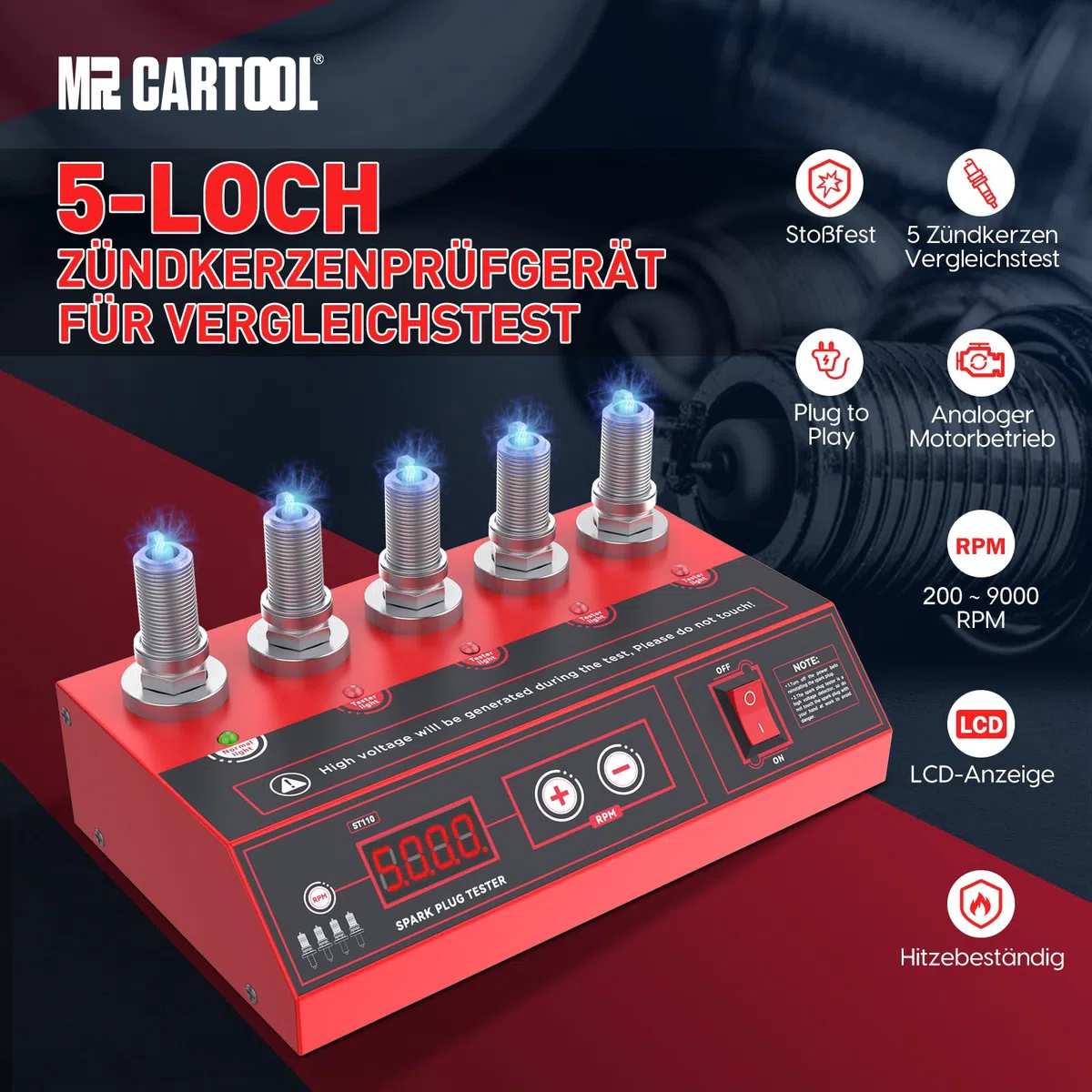 MRCARTOOL Comprobador de Bujías de Automóvil Analizador de Bujías con 5 Orificios de Prueba de 12mm y Pantalla LCD, Frecuencia Ajustable 200-9000RPM, para Vehículos de 12V, Bujía NGK y Platino
