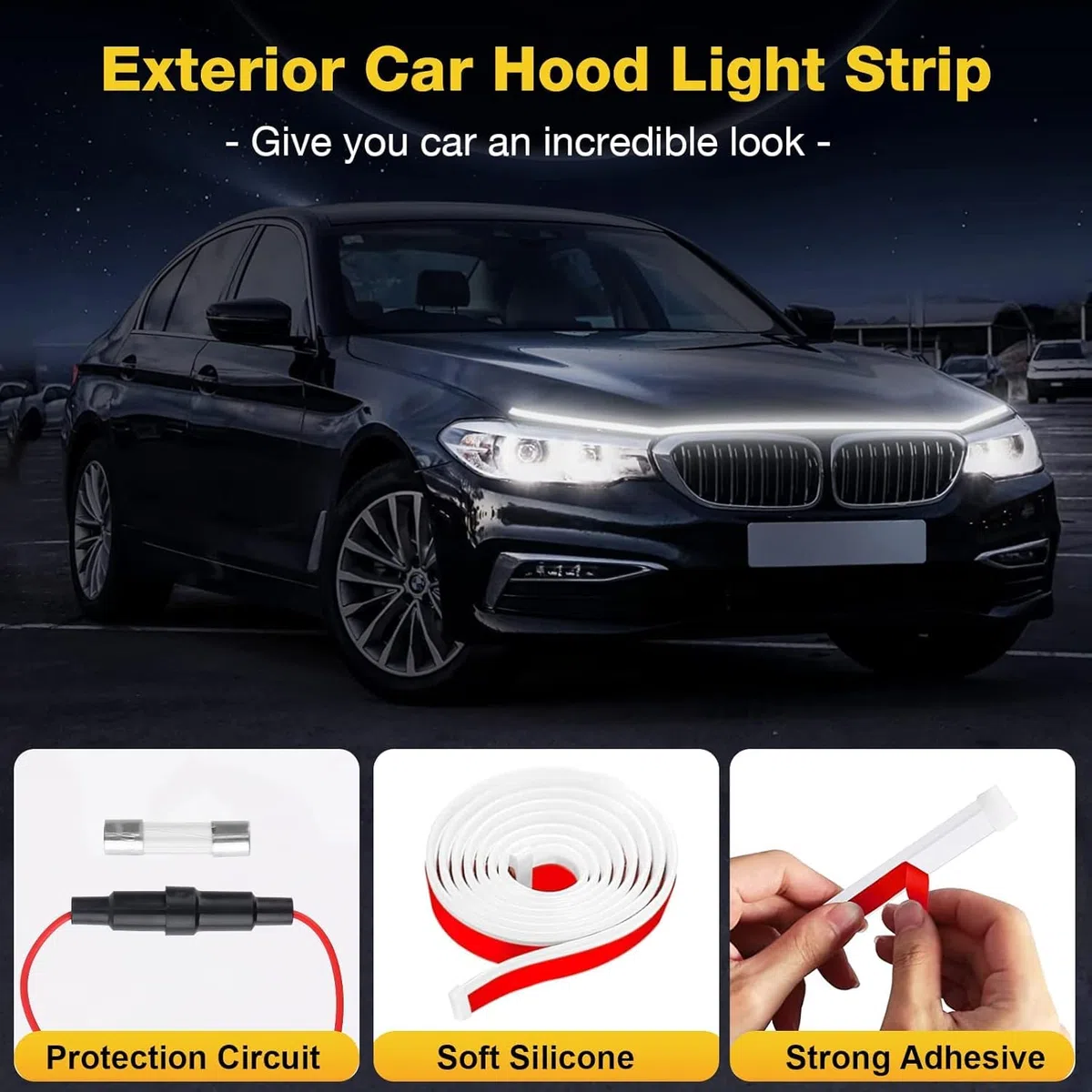 Tira luminosa LED para campana de coche, 1,8 m, 12 V, LED dinámico, brillante, exterior, flexible, tira de luz, luces diurnas para coche, camión, SUV, 71 pulgadas