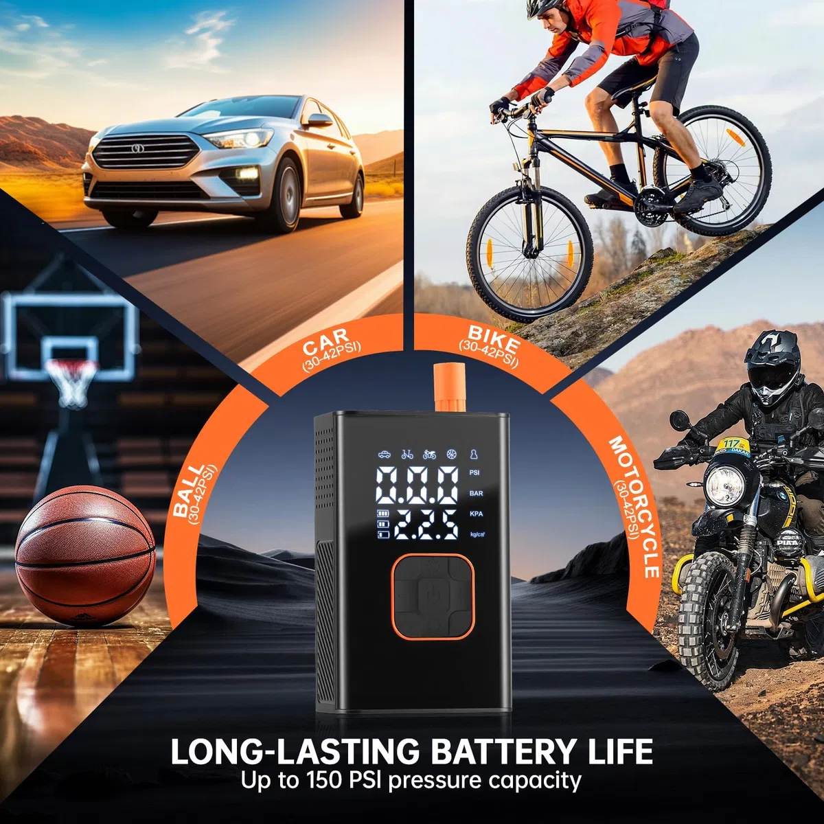 Inflador de Neumáticos y Compresor de Aire Portátil para Coche, Bicicleta – Bomba de Aire Eléctrica con Manómetro Digital, Recargable (Bomba Portátil)