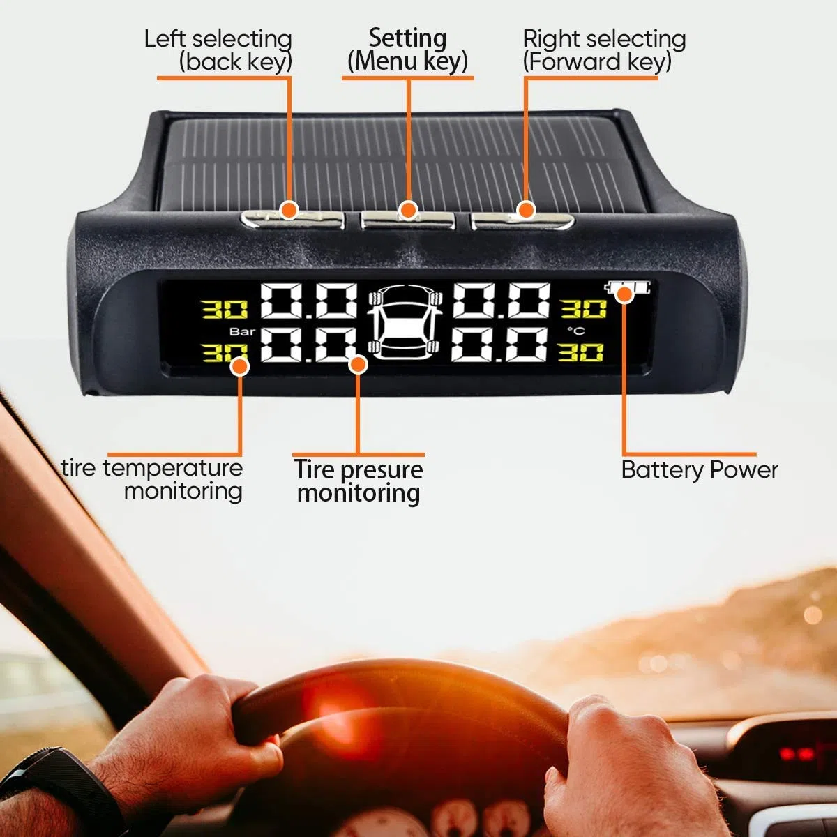 Sistema de Monitoreo de Presión de Neumáticos de Coche, 6 Modos de Alarma Inalámbrico Inteligente Monitor de Neumáticos con Carga Solar y USB, Alertas de Presión y Temperatura en Tiempo Real