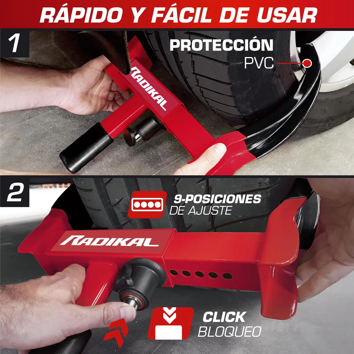 RADIKAL RK1001 Cepo Antirrobo Rueda Coche, Universal Regulable 18-29cm, Cerradura Alta Seguridad, Antiarañazos, Antirobo Inmovilizador Abrazadera para Bloqueo Coche, Furgoneta, Caravana, Remolque
