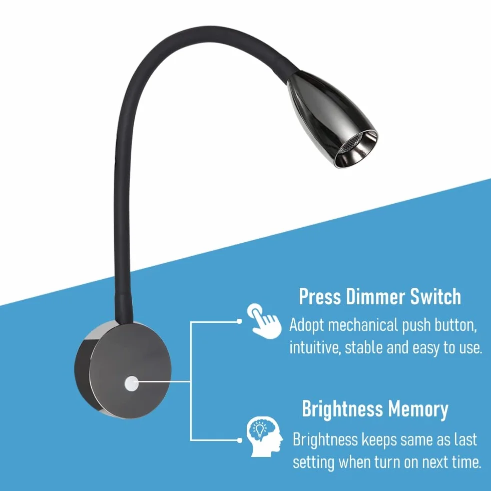 acegoo Luz de Lectura LED 12V Lámpara de Pared Flexible Cuello de Cisne Regulable DC12-24V con Cargador USB para Barco Autocaravana Caravana Camper Cabina Camión Camión (Negro Brillante)