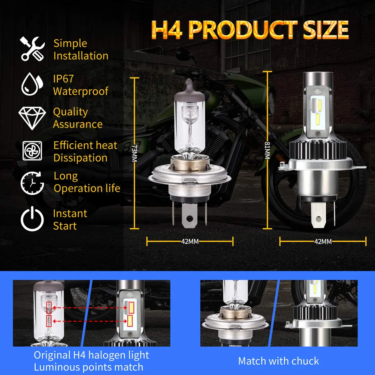 Bombilla H4 LED para moto, sin ventilador, kit de conversión de 25 W, HS1/9003, bombilla de repuesto perfecta para Halógeno H4 6000 K, xenón de luz blanca y 1 unidad