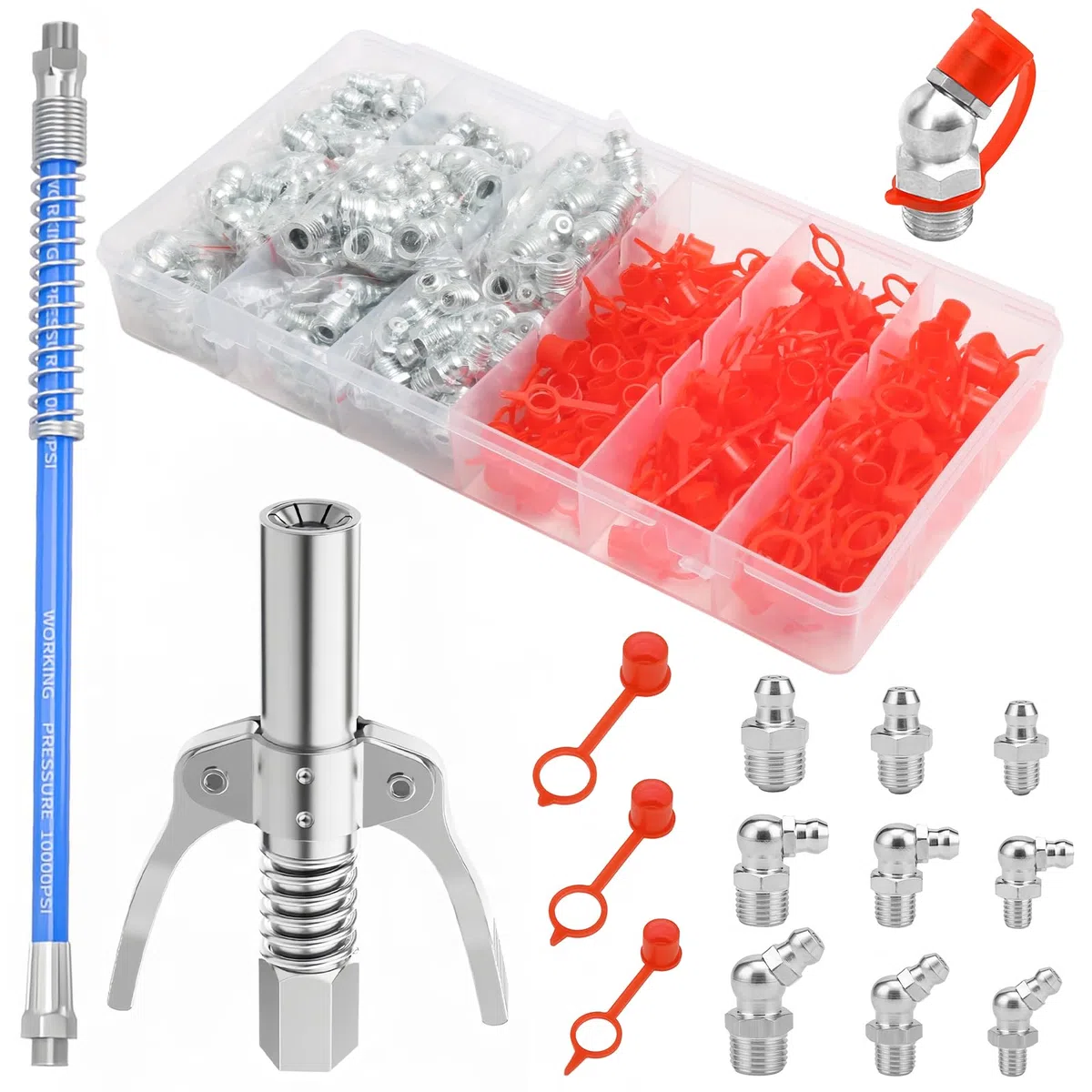 Juego de Engrasadores, 270 Pcs Boquillas de Engrase de Niquelado M6 M8 M10 con Tapas, Acople G para Engrasadora con Doble Mango con Manguera de 30cm, Engrasador Cónico para Prensas de Engrase