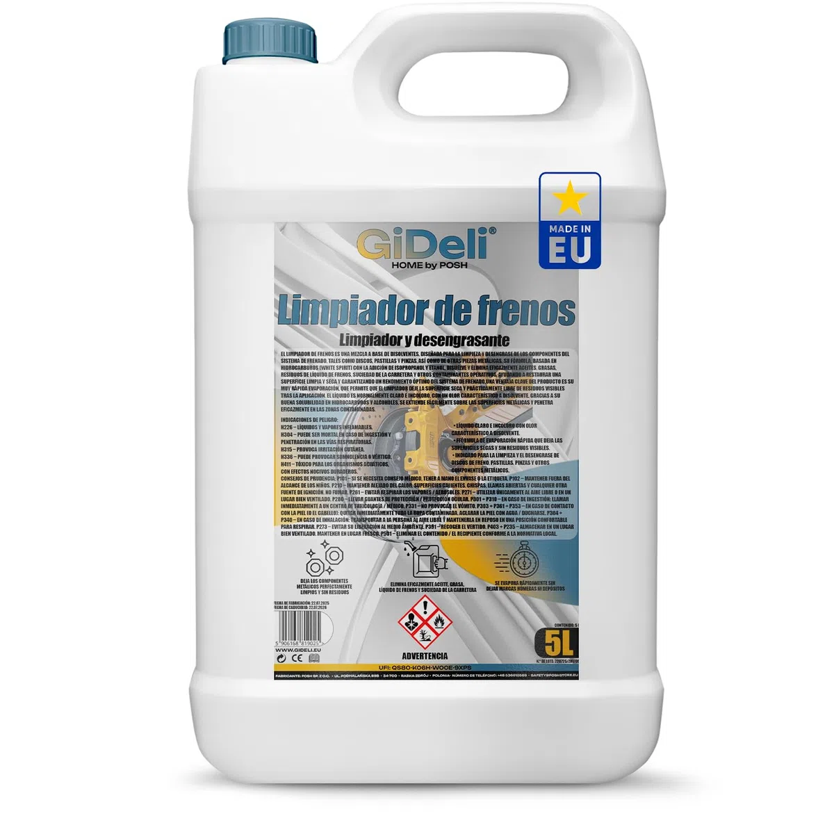 GiDeli Limpiador de Frenos 5L Canister - para Auto, Moto y Bicicleta - Elimina Aceite, Grasa, Polvo de Frenos, Restos de Adhesivo - Desengrasante para Taller, Secado Rápido, Sin Residues