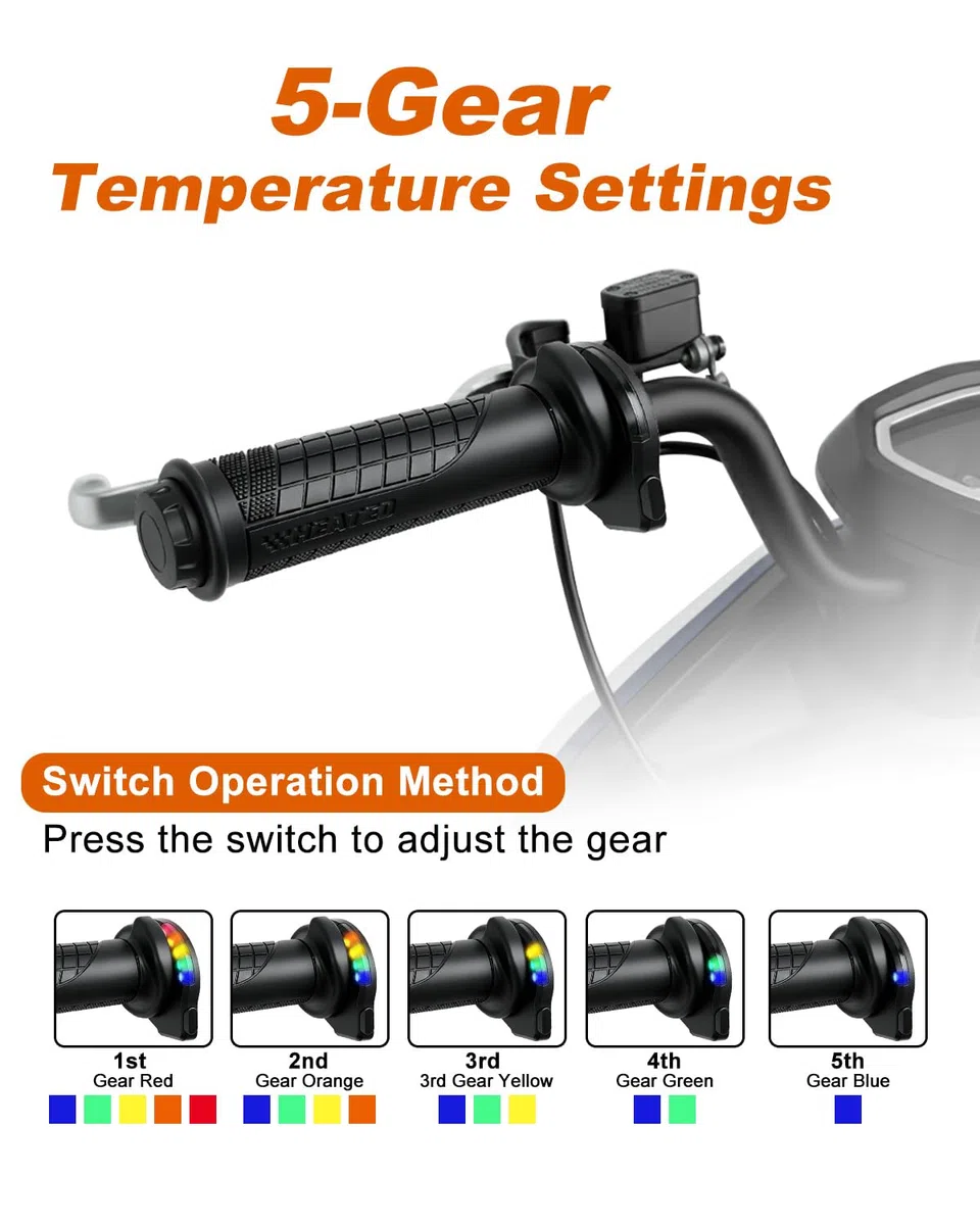 Erato Puños Calefactables para Moto y Scooter 22 mm (7/8 Pulgada) 5 ajustes de Temperatura con función Memoria Manillar calefactado Universal 12V, 1 par