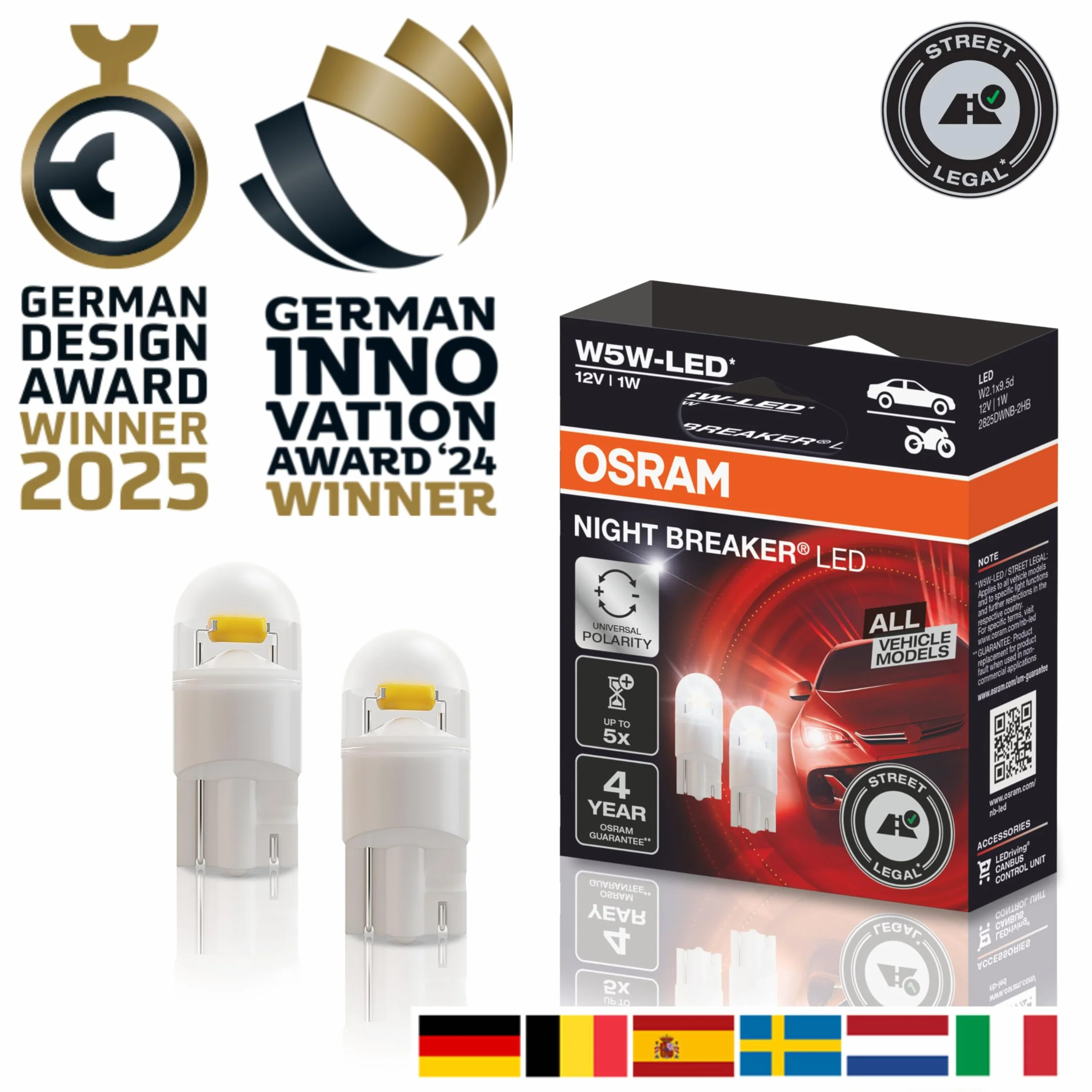 OSRAM NIGHT BREAKER LED W5W, luz de estacionamiento/luz de posición/luz interior universal con homologación de calle, para todos los modelos de vehículos, 12V