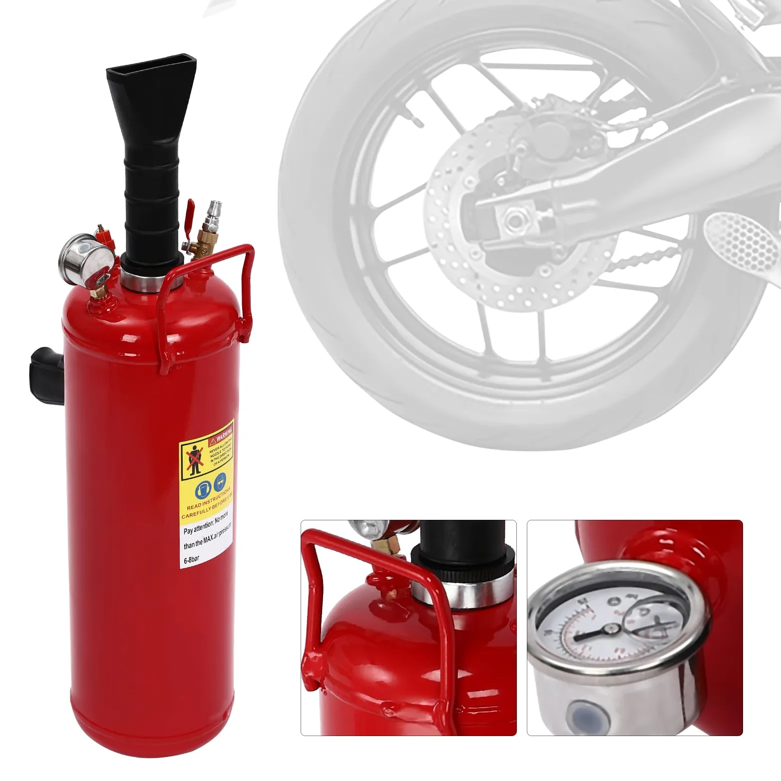 Inflador de neumáticos con medidor para motocicletas y vehículos eléctricos - Capacidad de 2 galones - Presión de trabajo 6-8 bar - Material de hierro rojo - Manómetro y asa de transporte