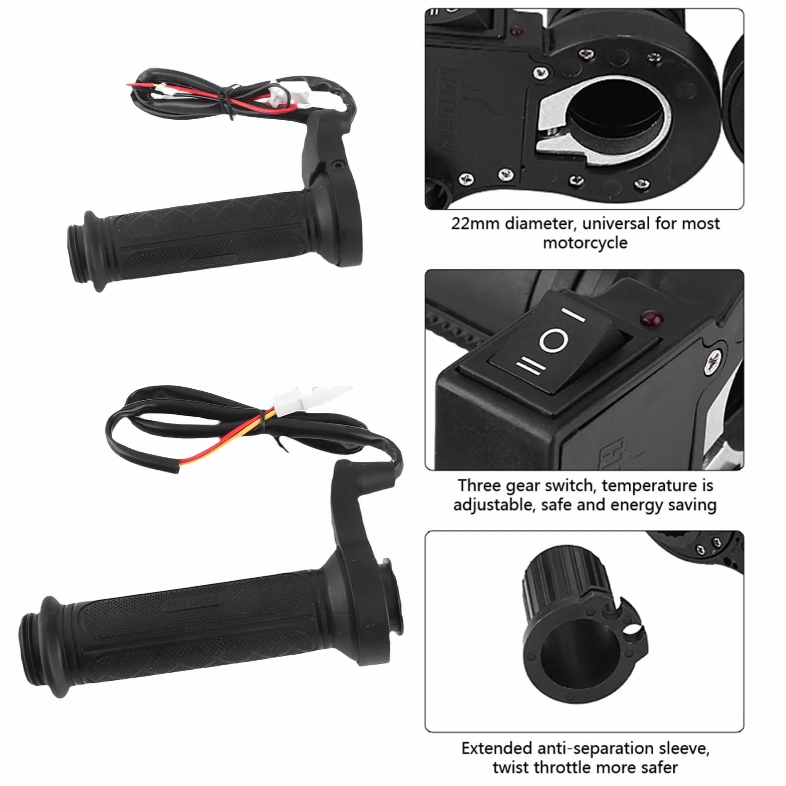 Puños Calientes para Motocicleta, 1 Par de 22 Mm (7/8") Manillar Eléctrico Universal para Motocicleta con Calefacción Caliente para Motocicleta/Bicicleta/ATV, Negro