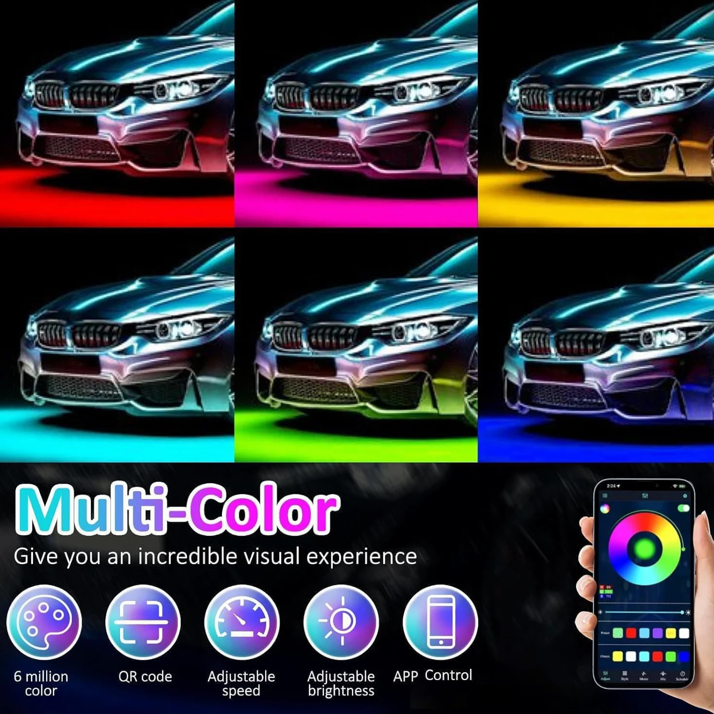 YUGUANG Kit de 4 Luces Underglow para Coche, Control por APP Multicolor Kit de Luces Underglow Sincronización Musical Tiras de Luz RGB Underbody Impermeables para Coches Camiones SUVs.