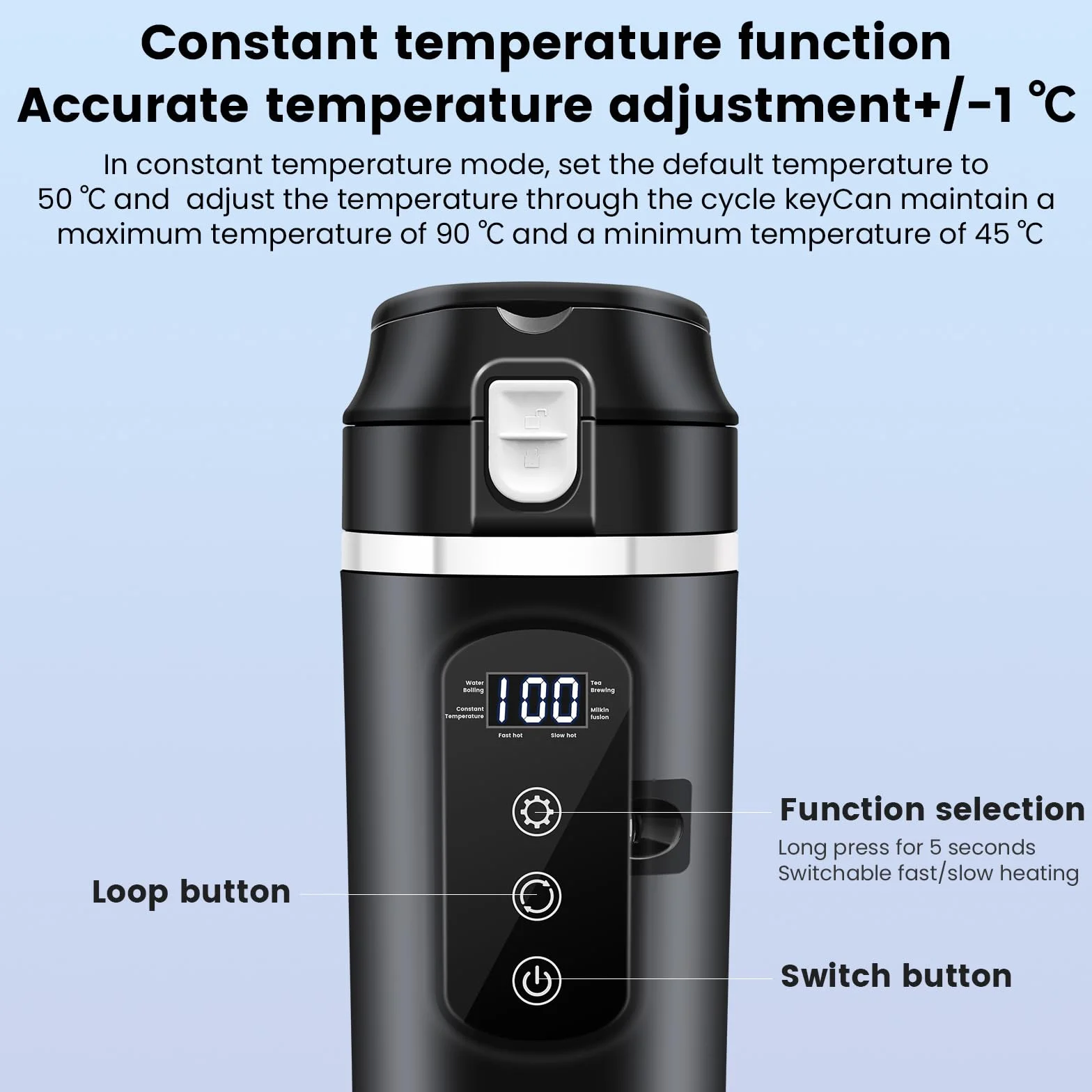 Hervidor de agua para coche, vaso calefactor de 500 ml, hervidor de agua de viaje, 12 V, mini café eléctrico de hasta 100 ℃, control de temperatura variable para camiones y camping