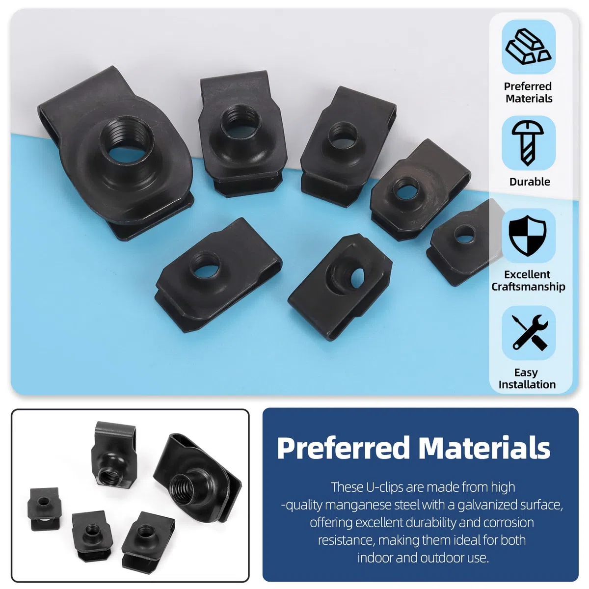 Glarks 50 piezas Kit de tuercas U-clip M4 M5 M6 M8 M10, acero al carbono negro, U-tuerca auto, para motor, guardabarros, parachoques delantero, tablero de instrumentos, panel interior