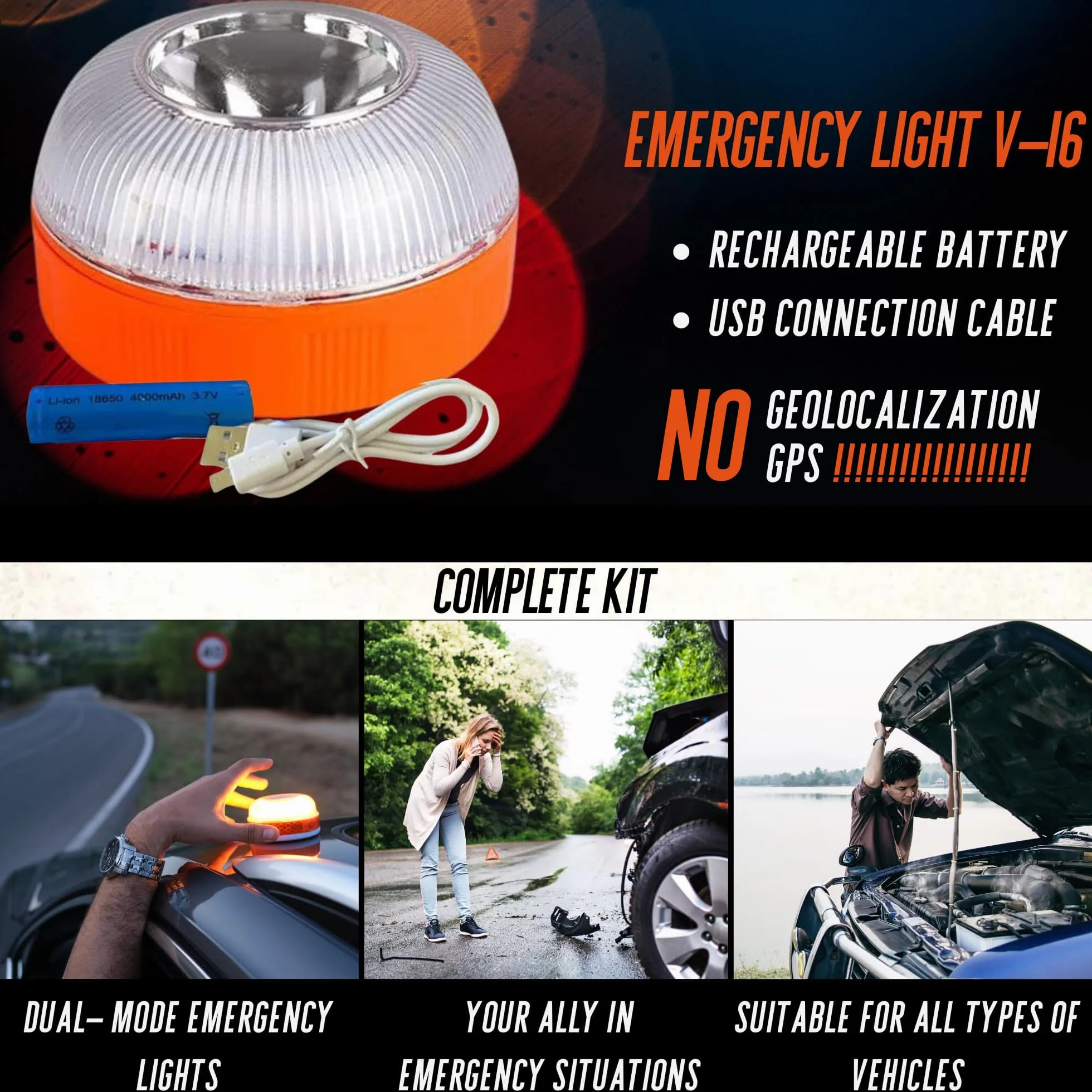 MAGIC SELECT 2X Luz de Emergencia V16 para Señalización en Carretera de Coche y Moto. Luz Amarilla Intermitente y Blanca Fija, Encendido Automático, Base Imantada y Batería Recargable. NO TIENE GPS