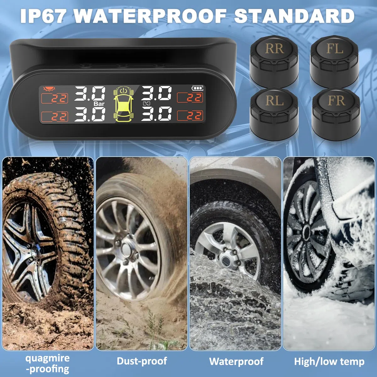 TPMS Sistema de monitoreo de presión de neumáticos, Carga Solar/USB, 4 Funciones de Alarma, con 4 Sensores Externos, para Auto, Sedan, SUV, Monovolúmenes etc