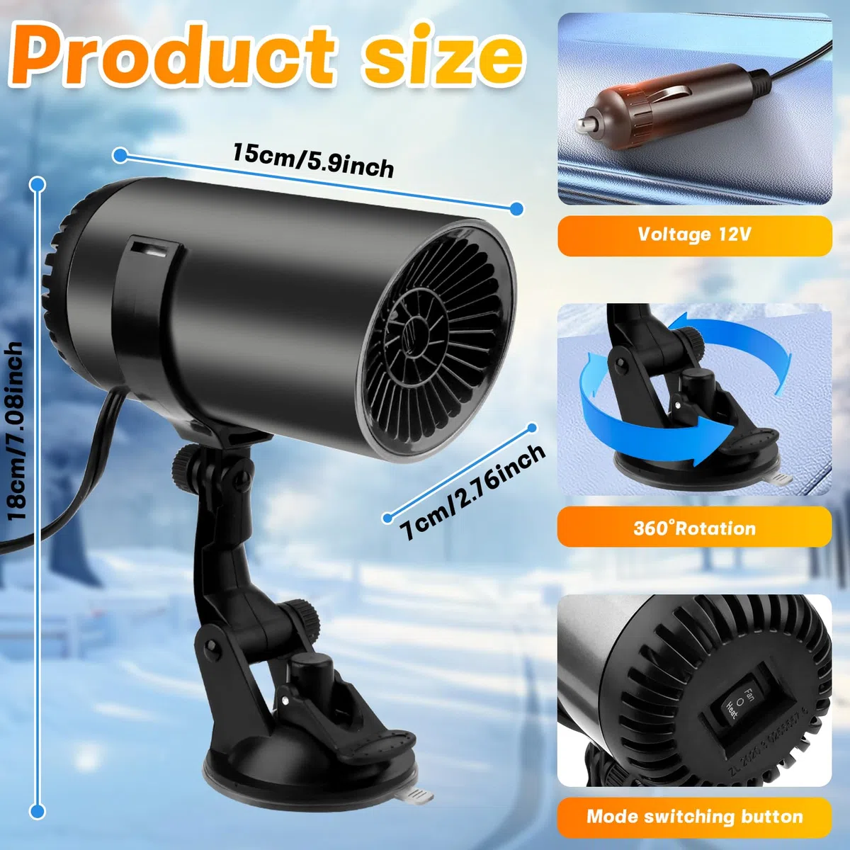 Pipihome Calefactor Coche 12V 200W, Calefactor Portatil para Coche Descongelador Parabrisas, Calentador Bajo Consumo Mechero, 360 Grados Rotación, para la Mayoría de los Automóviles, Camping (B)