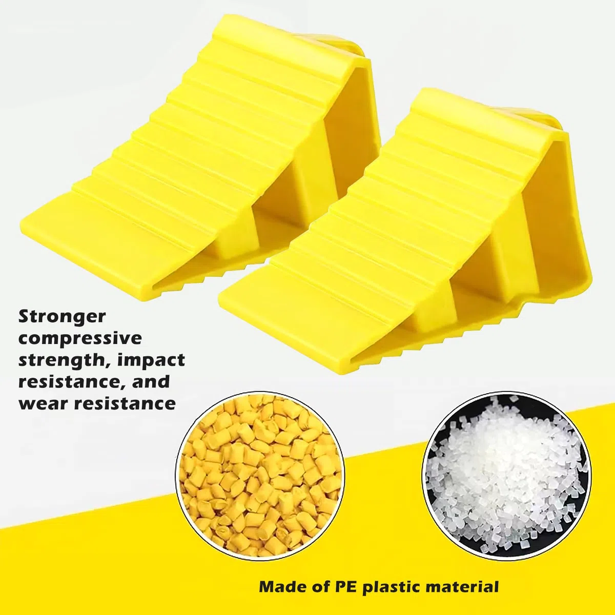 4 piezas de calzos de rueda, calzos de rueda con asas, plástico amarillo con 10 pegatinas reflectantes, calzos de rueda antideslizantes, plástico amarillo, calzo de rueda para coche, caravana