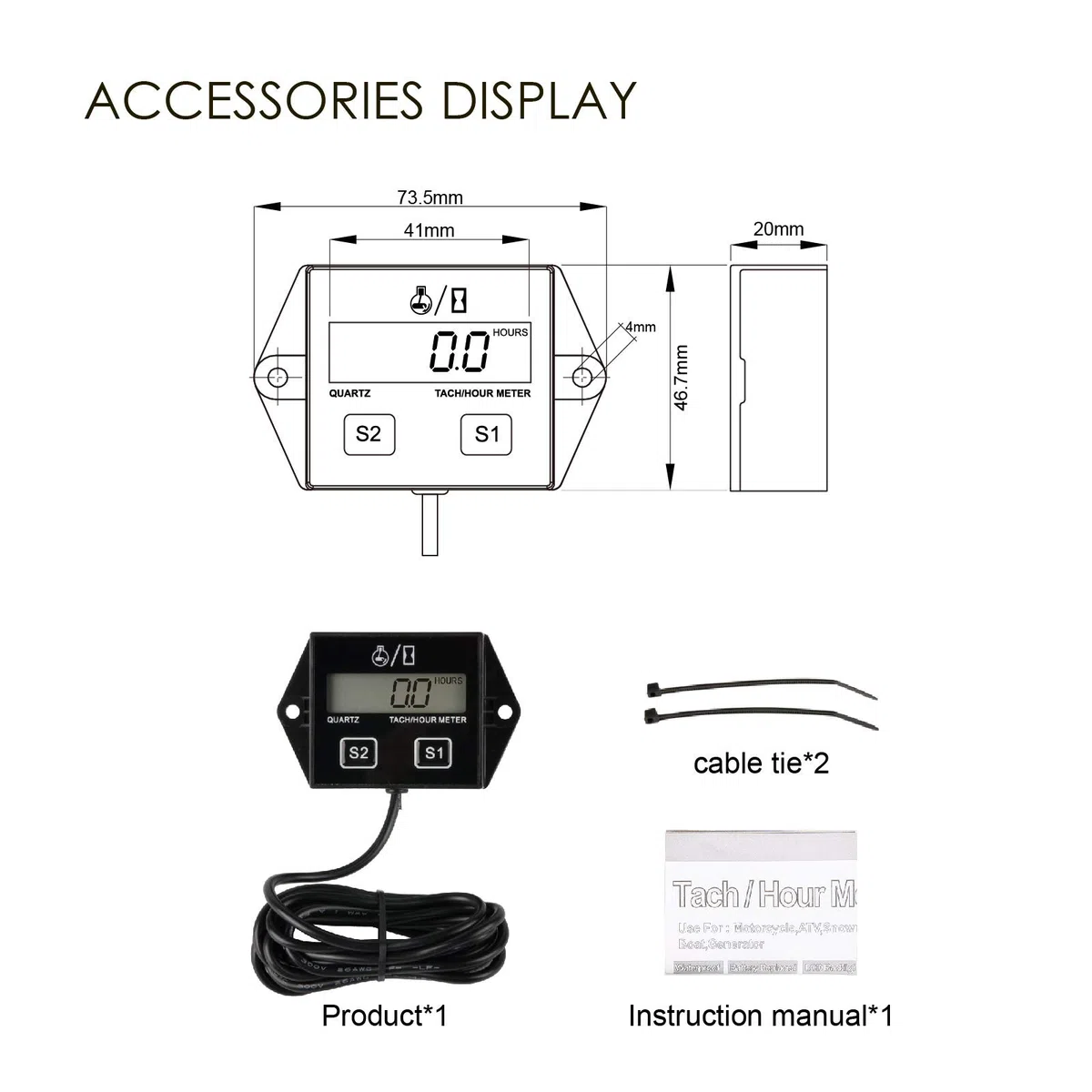 Jayron JR-HM011N LCD Tacómetro Inductivo de Gasolina Tacómetro Reiniciable/Medidor de Horas Impermeable para Paramotores,Ultraligeros,Generadores,Cortacésped,Motocicleta