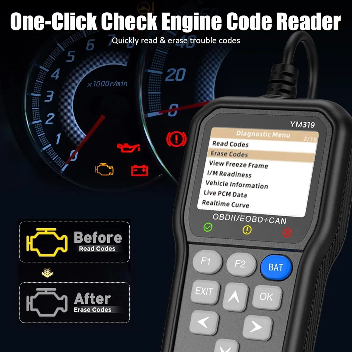 OBD2 Diagnosis Coche OBD Scanner, Escáner OBD2 Lector de Códigos Para Coche, Luz de Verificación del Motor con Reinicio OBDII/EOBD, Herramienta de Diagnóstico Para Todos los Coches Posteriores a 1996