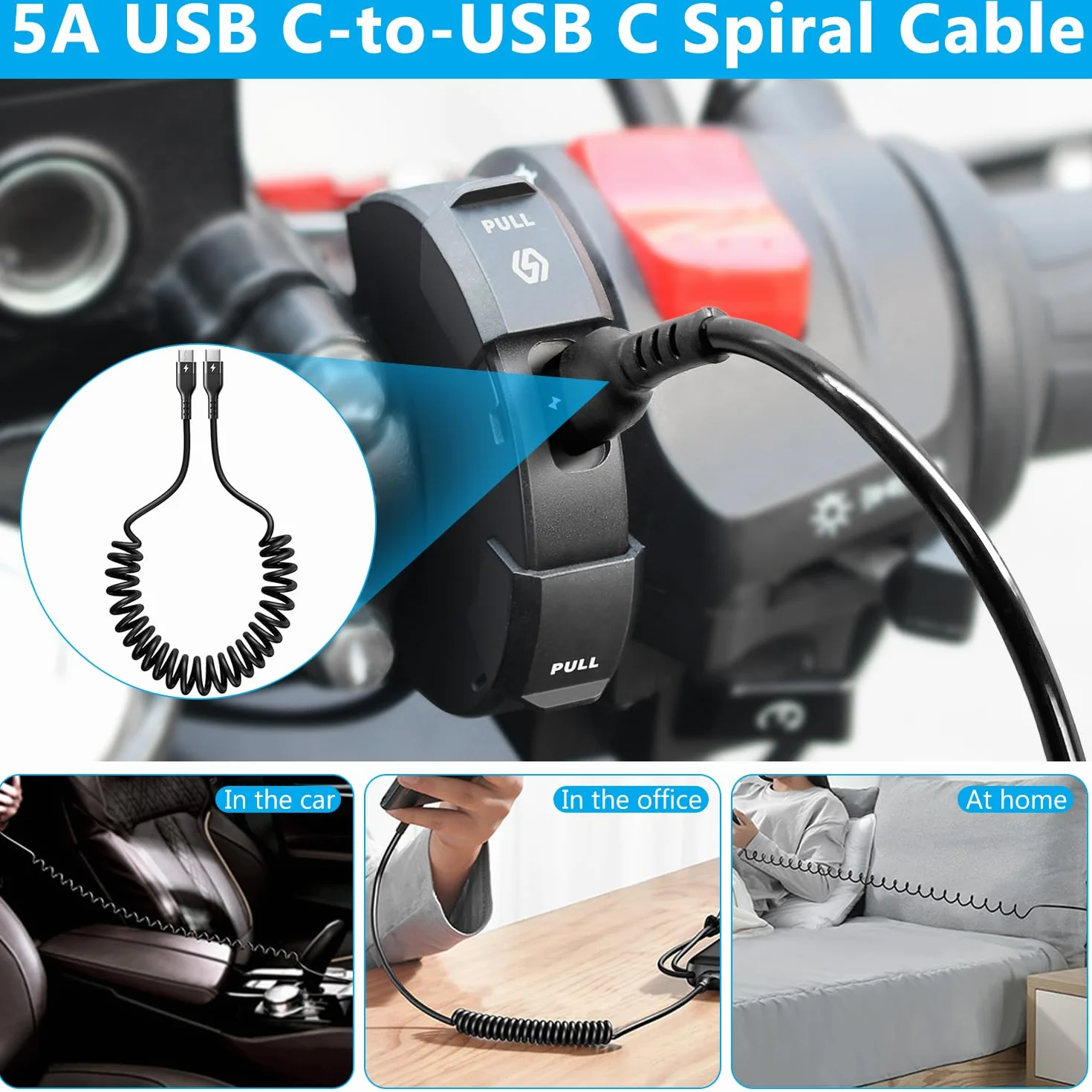 Cargador USB Moto Impermeable 18W QC3.0 USB y 30W PD Type-C,DC12V-24V Toma de Carga Type-C Motocicleta Adaptador de Carga Rápida con 5A USB-C Cable de Carga en Espiral