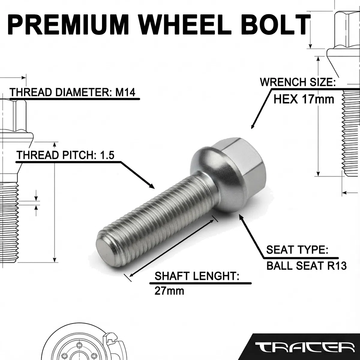 20 tornillos de rueda tornillos de rueda collar de bola R13 M14 x 1,5 27 mm compatible con Jetta VW Golf, Bora, New Beetle, Fox, Polo, T4, Caddy, Eos, Passat, Phaeton, Scirocco, Sharan, Touran, Tiguan