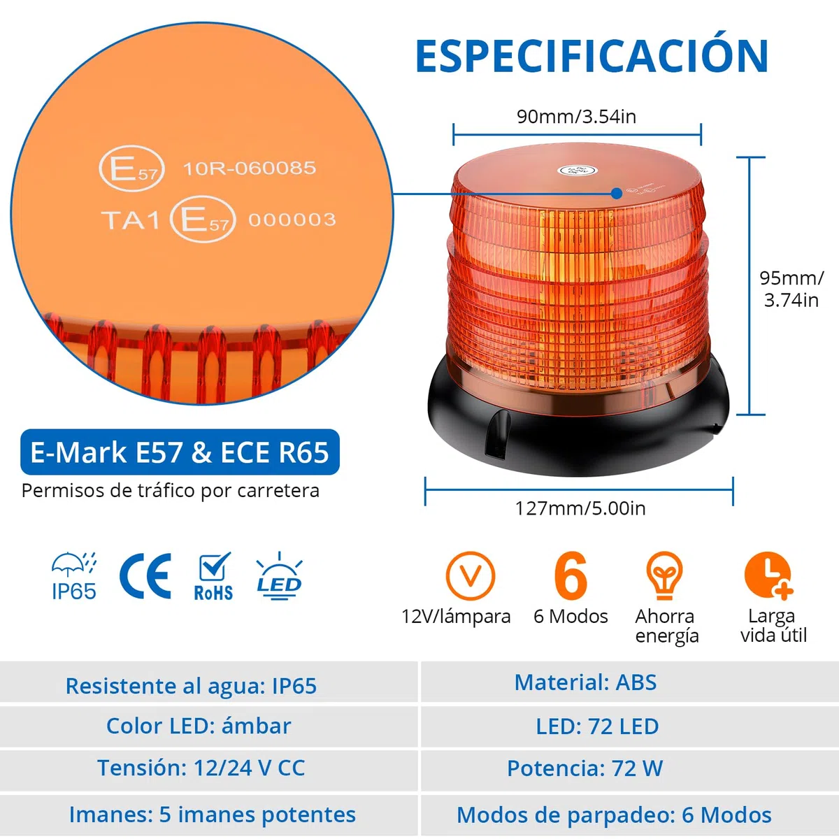 Baliza giratoria Rotativo Luz LED 12V/24V, 72 LED, base magnética, 6 modos de parpadeo, luz de advertencia IP65 para coche, camión, tractor,rotativo tractor