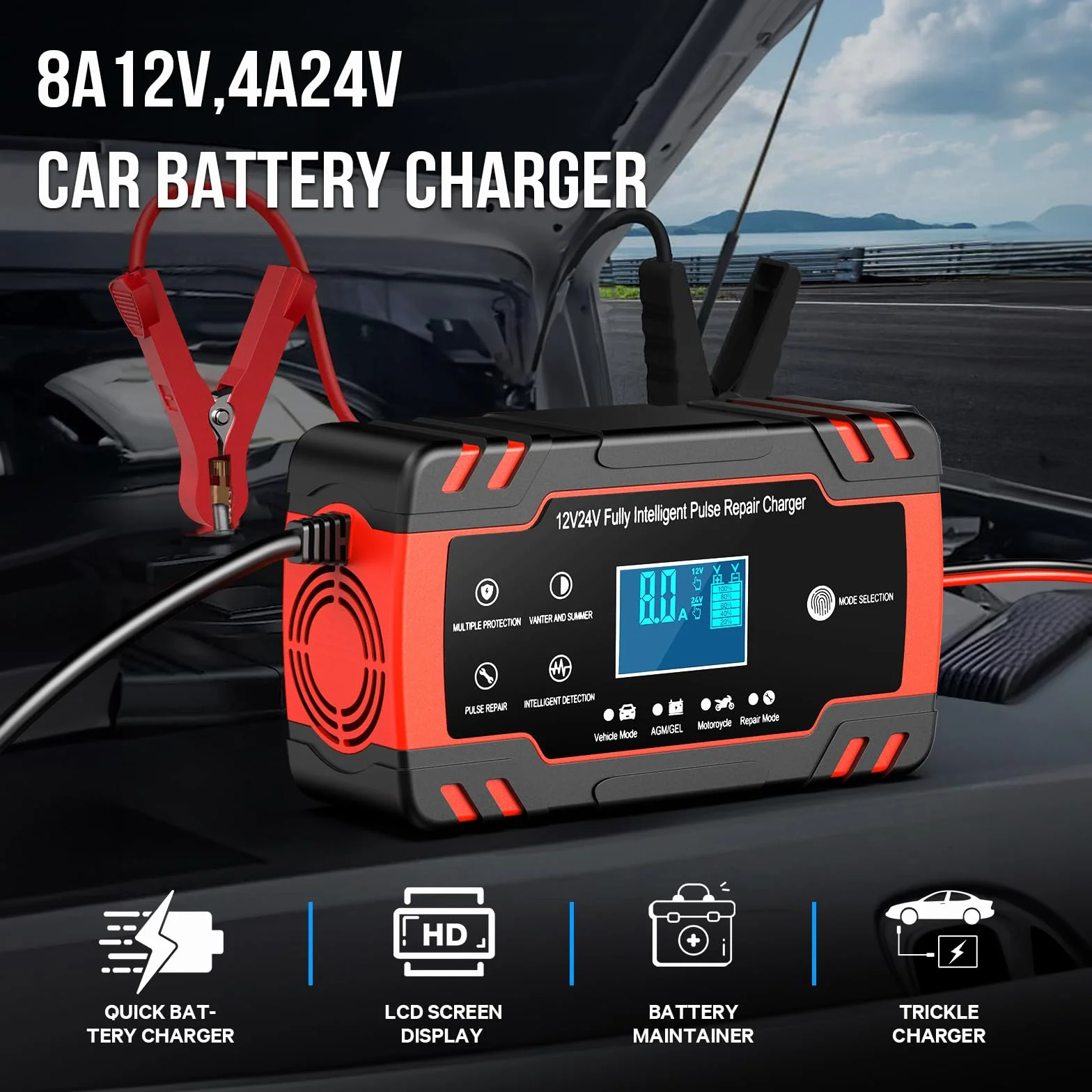 8A 12V/4A 24V Cargador de Batería de Coche,Cargador de Batería Inteligente para Moto con Función de Reparación,Múltiples Protecciones,para Auto, Moto,Camión,AGM,Gel,Wet, SLA