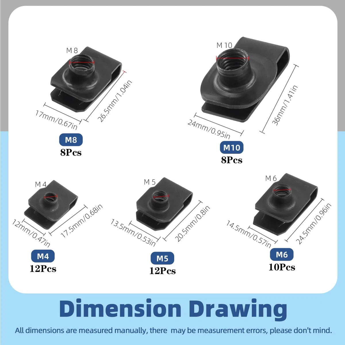 Glarks 50 piezas Kit de tuercas U-clip M4 M5 M6 M8 M10, acero al carbono negro, U-tuerca auto, para motor, guardabarros, parachoques delantero, tablero de instrumentos, panel interior