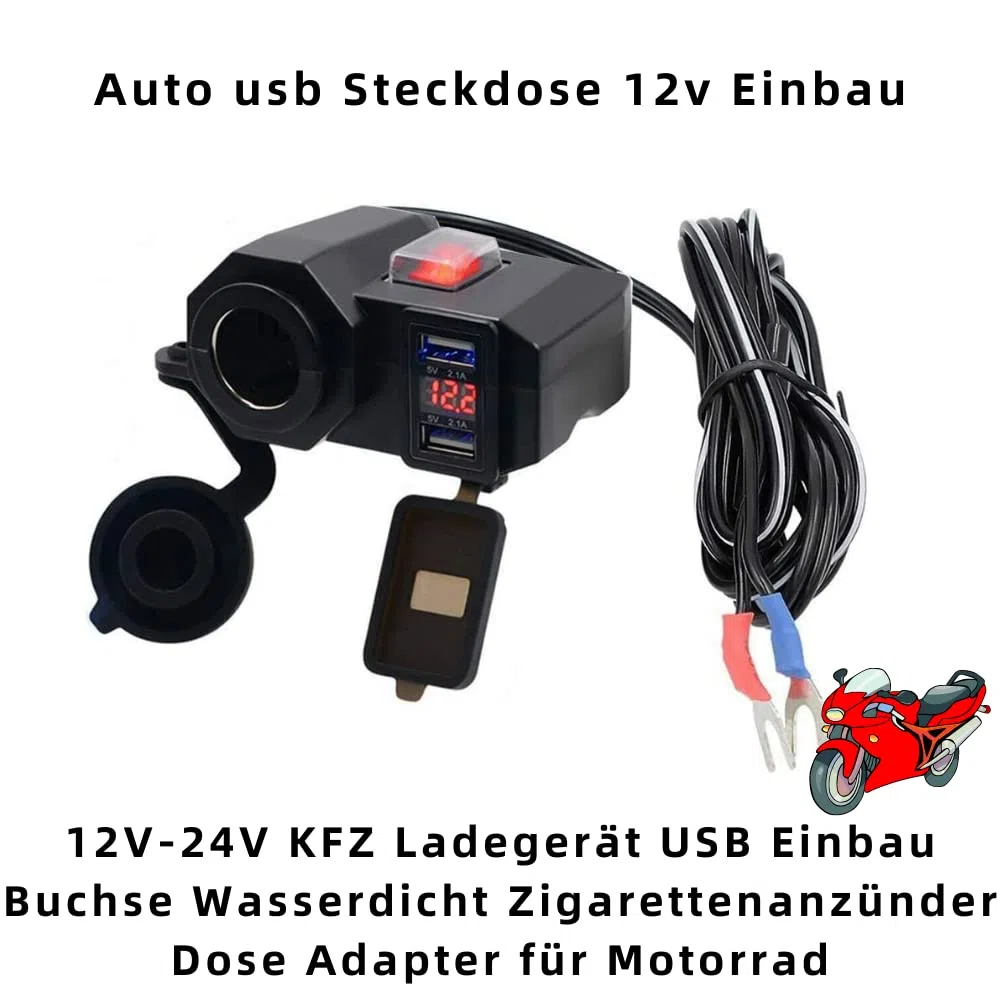 D74CS - Cargador Doble USB para Moto con Soporte táctil 12V / 24V Adaptador de Encendedor LED para Motocicleta Impermeable