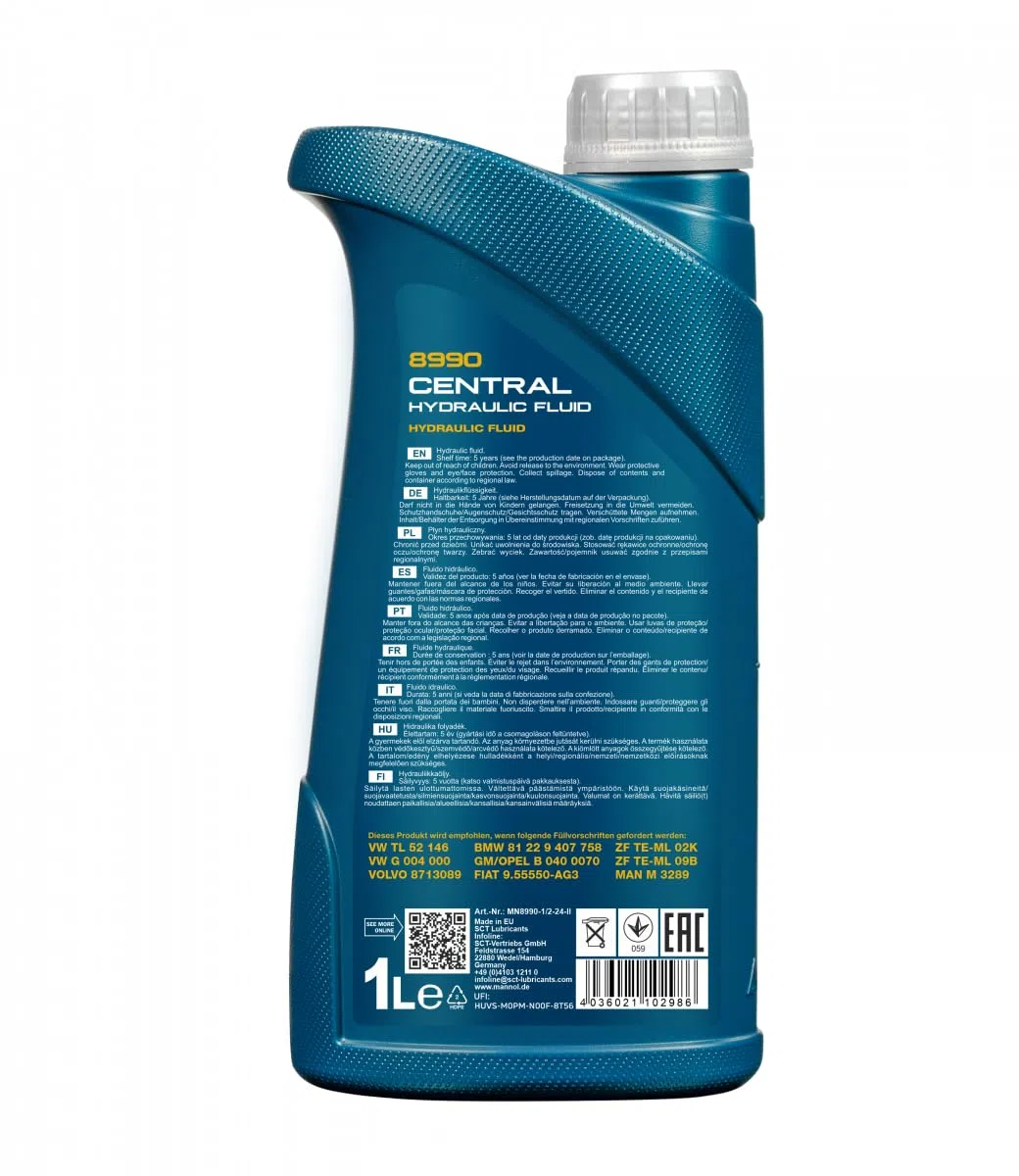 MANNOL | Fluido Hidráulico Sintético CENTRAL HYDRAULIC FLUID | 8990-1L | Máximo Rendimiento en Sistemas Hidráulicos y Dirección Asistida | Compatible con Volkswagen, BMW, Ford y más