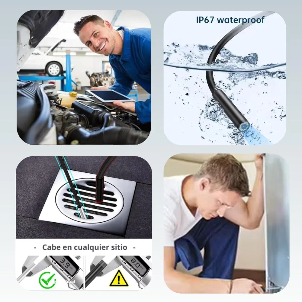 Endoscopio para Móvil, Cámara Endoscópica para Móvil HD 720P Ø3,9 mm, Cable Semirrígido 1,5 m, 6 LED, IP67, Cámara de Inspección para Android, Tablet y PC, Bricolaje y Uso Profesional