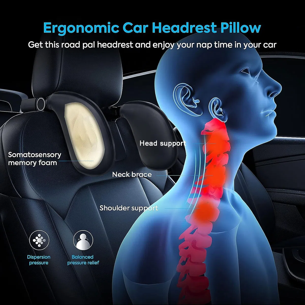 Reposacabezas Coche, Soporte para El Cuello Retráctil y Extraíble Almohada Gancho para Reposacabezas del Asiento del Coche, para Niños Adultos Soporte para La Cabeza (Negro, A05 PU)