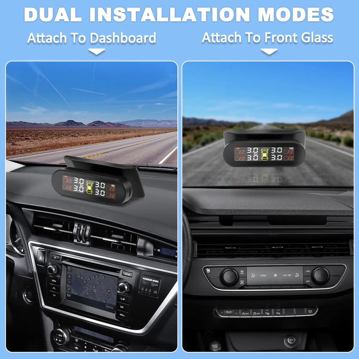 TPMS Sistema de monitoreo de presión de neumáticos, Carga Solar/USB, 4 Funciones de Alarma, con 4 Sensores Externos, para Auto, Sedan, SUV, Monovolúmenes etc