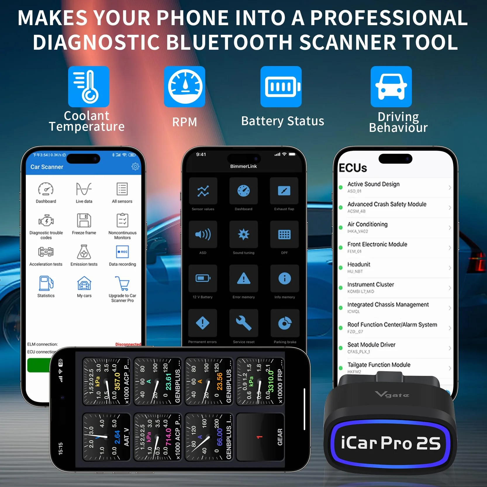 Vgate iCar Pro 2S OBD2 Bluetooth Adaptador Check Engine Vehicle Code Reader Herramientas de diagnóstico Scanner para iOS & Android y Windows Hecho para Electric (EV) y vehículos híbridos