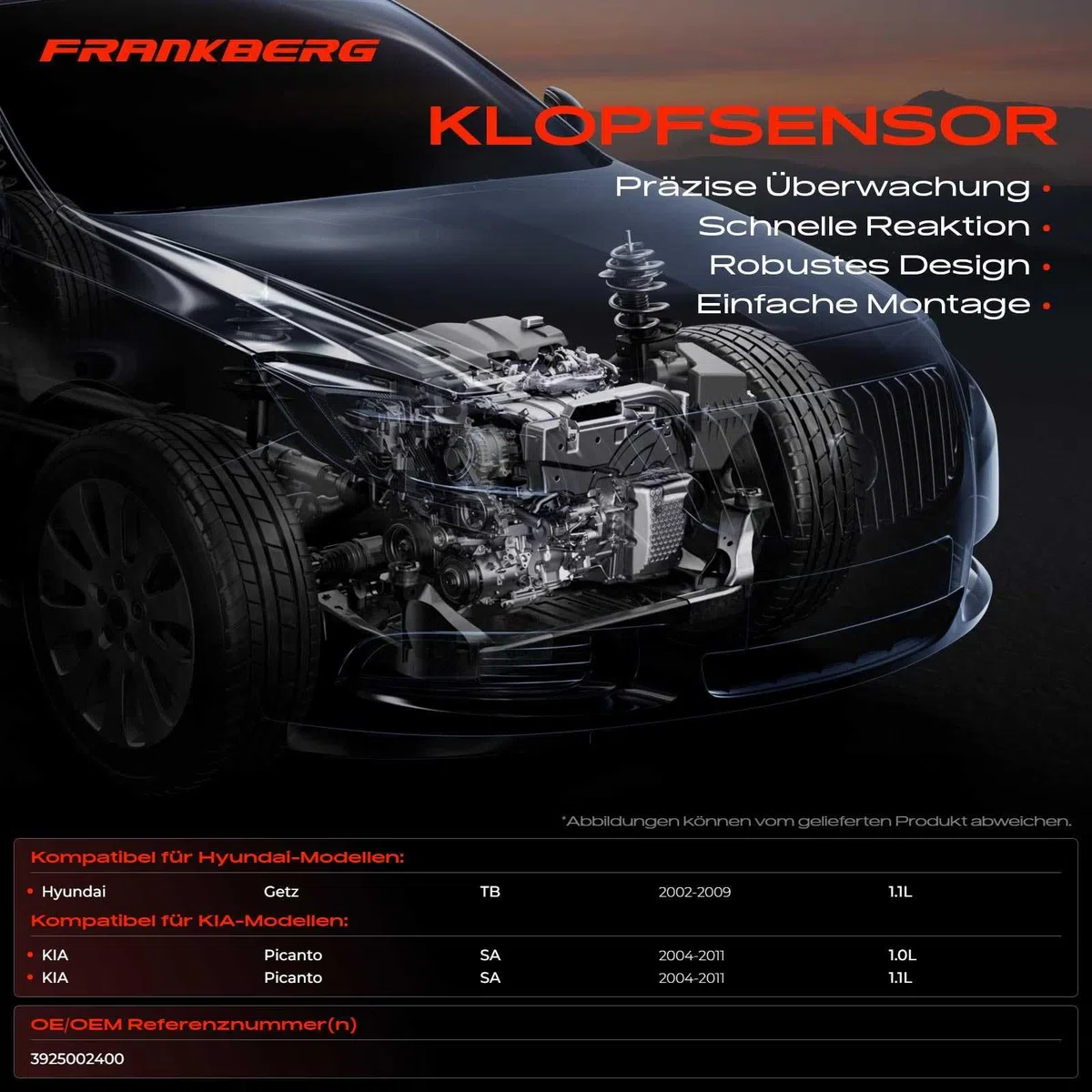 Frankberg Sensor de detonación DetonationsSensor 2 Polos Compatible con Picanto SA Getz TB Replace# 3925002400