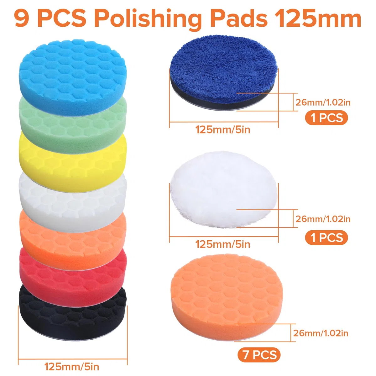 9 Piezas 125mm Esponja de Pulido Pulidora Coche, Esponja Pulir para Coche con Microfibra y Espuma, Estructura Alveolar Almohadillas de Pulido para Coche para Lijar Cncerar Pulir Coches