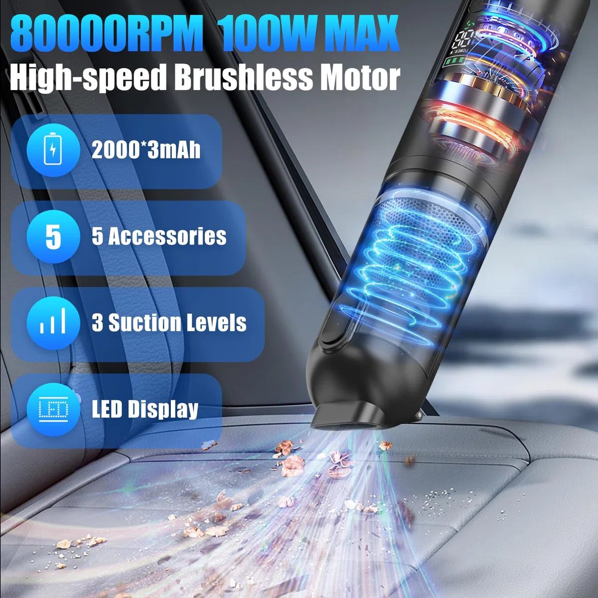 Journeyside Aspiradora de Mano para Coche, Aspiradora de Mano Inalámbrica16,000 PA, Aspiradora de Mano 2 en 1 Pantalla LED, 3 Niveles de Succión para Limpiar Rincones y Pequeños Residuos