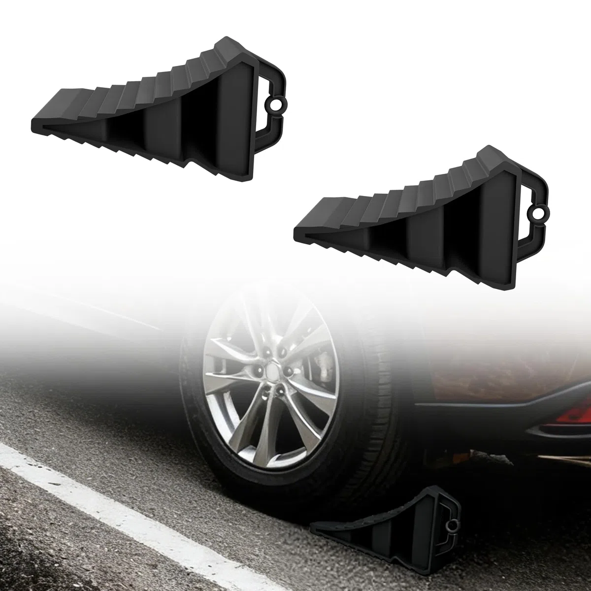 XMTECH 2 cuñas de ruedas con mango, estable de plástico PP para automóviles, caravanas, color negro