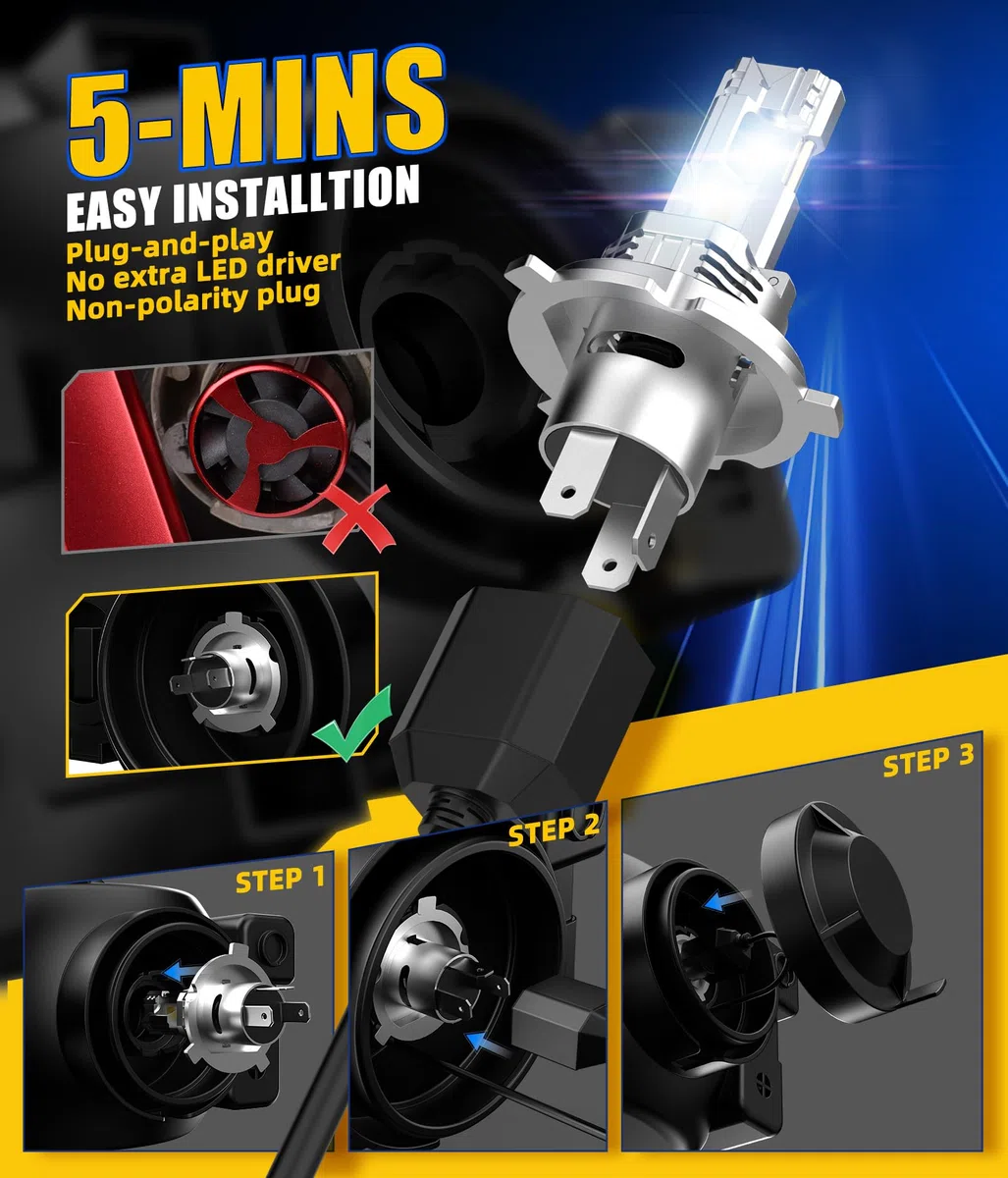 Bombillas LED H4, 100W 30000LM 9003 HB2 Bombilla de Faro, 6500K Blanco Frío IP68 Impermeable Luz de Niebla, 1:1 Tamaño H4 LED Halógeno Reemplazo, Plug and Play, Paquete de 2 (H4-30000LM)