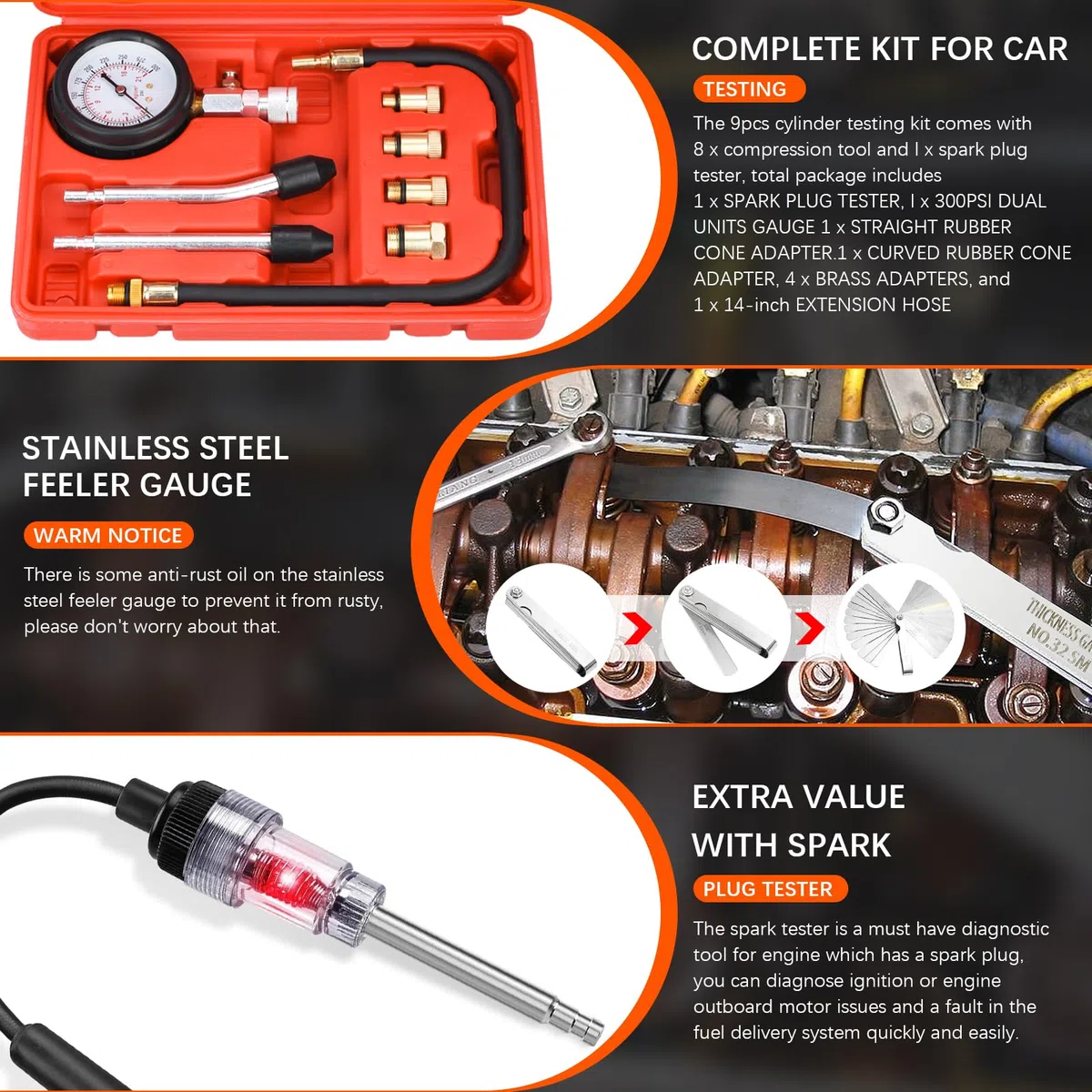 Comprobador de Compresión para Motores de Gasolina Compresor Probador 0-20 Bar - 0-300 PSI con Comprobador de Bujías Calibre de Espesores y 4 Adaptación M10 M12 M14 M18