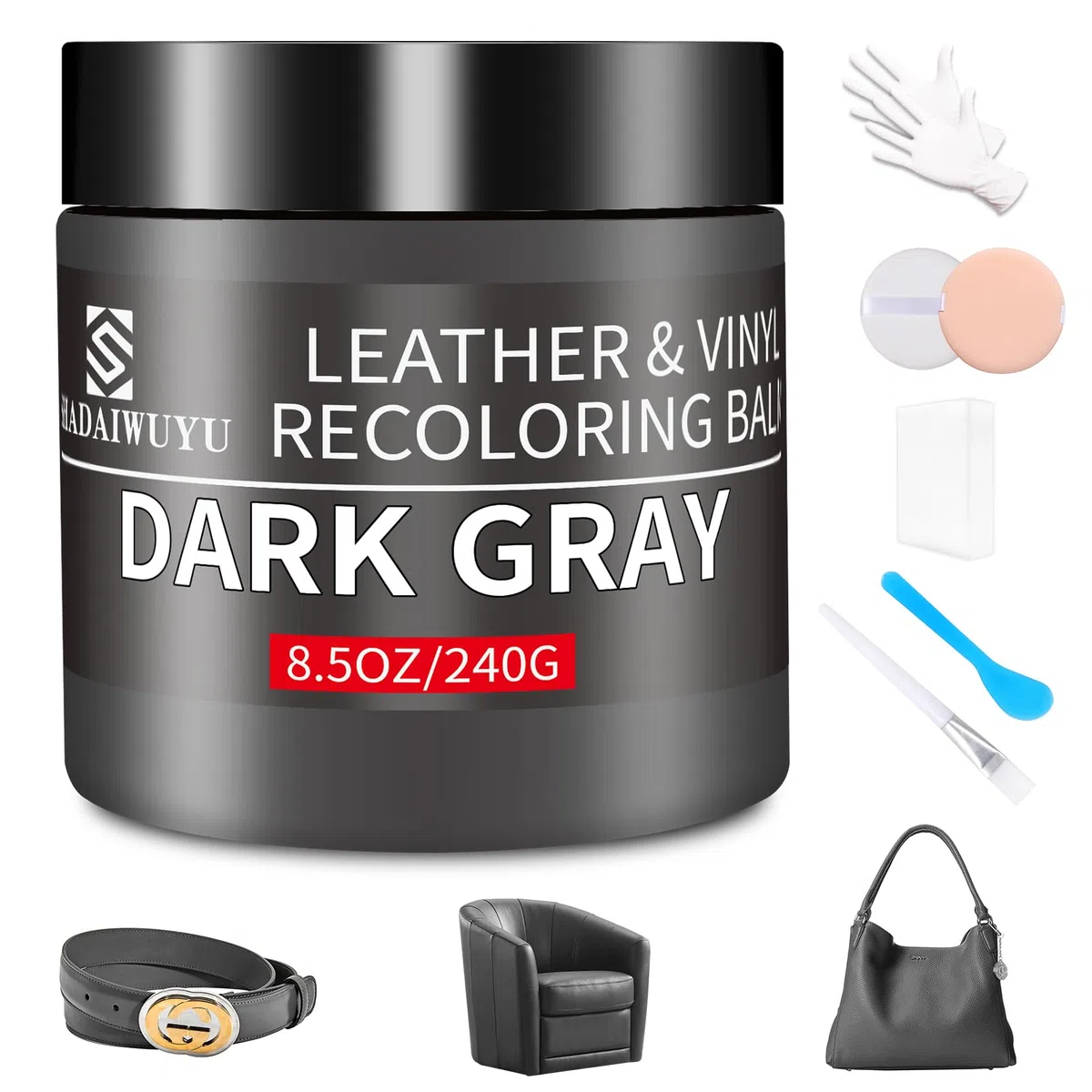 SHADAIWUYU Reparador Cuero,240g Cuero Liquido Reparador Gris Oscuro Pintura para Cuero para Reparar el Desgaste y Las Marcas en Sofás, Muebles de Vinilo, Asientos de Automóvil y Zapatos de Cuero