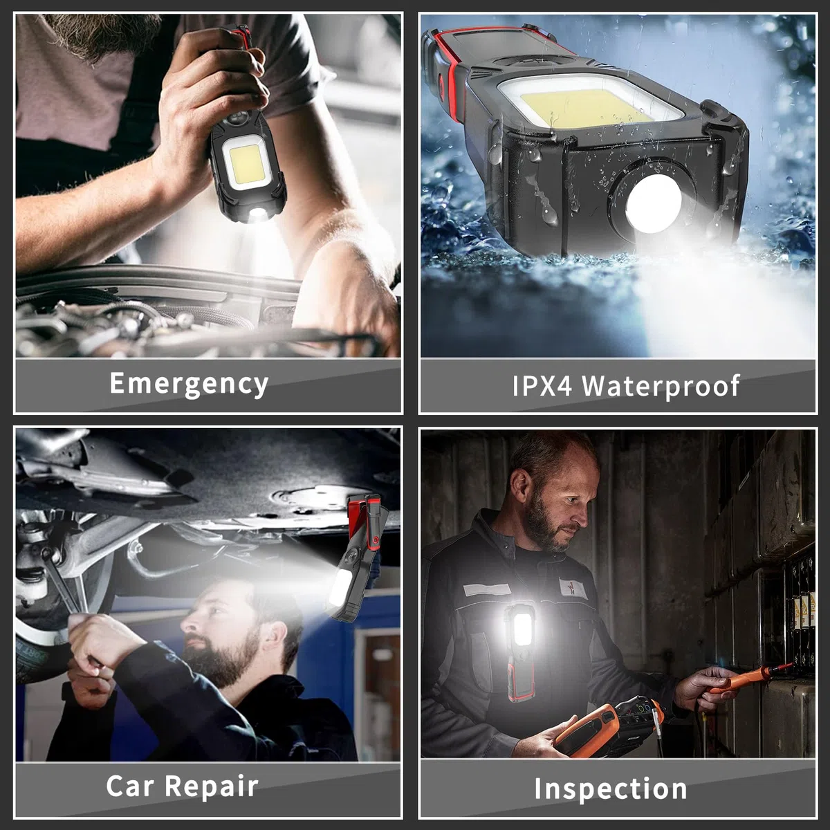 Linterna de Trabajo LED Recargable,Luz de Trabajo Super Brillante LED Parte Delantera de 5W COB LED con Base Ajustable, Gancho e Imán para Hogar, Taller, Automóviles, Camping, Emergencia (Negro/R)