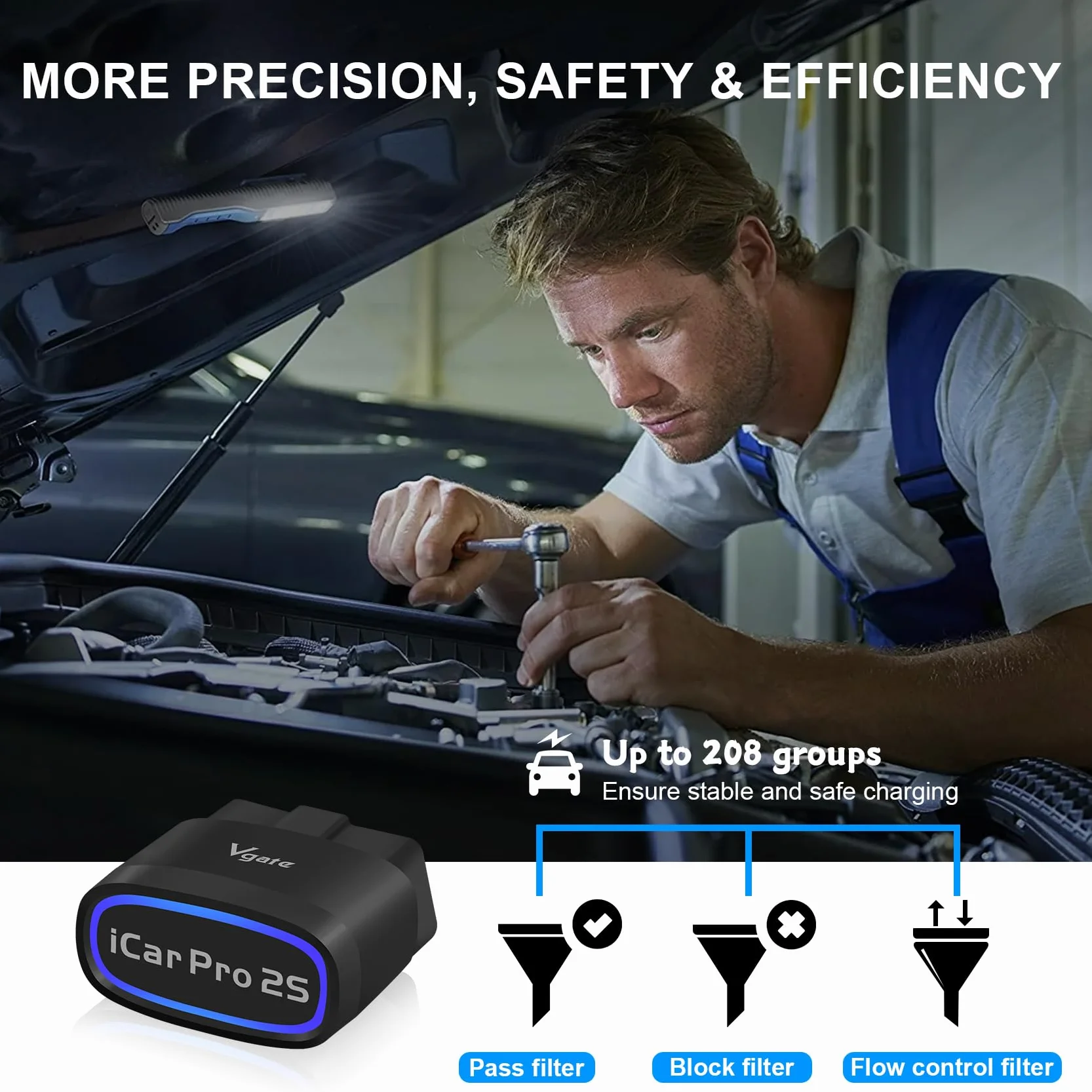Vgate iCar Pro 2S OBD2 Bluetooth Adaptador Check Engine Vehicle Code Reader Herramientas de diagnóstico Scanner para iOS & Android y Windows Hecho para Electric (EV) y vehículos híbridos