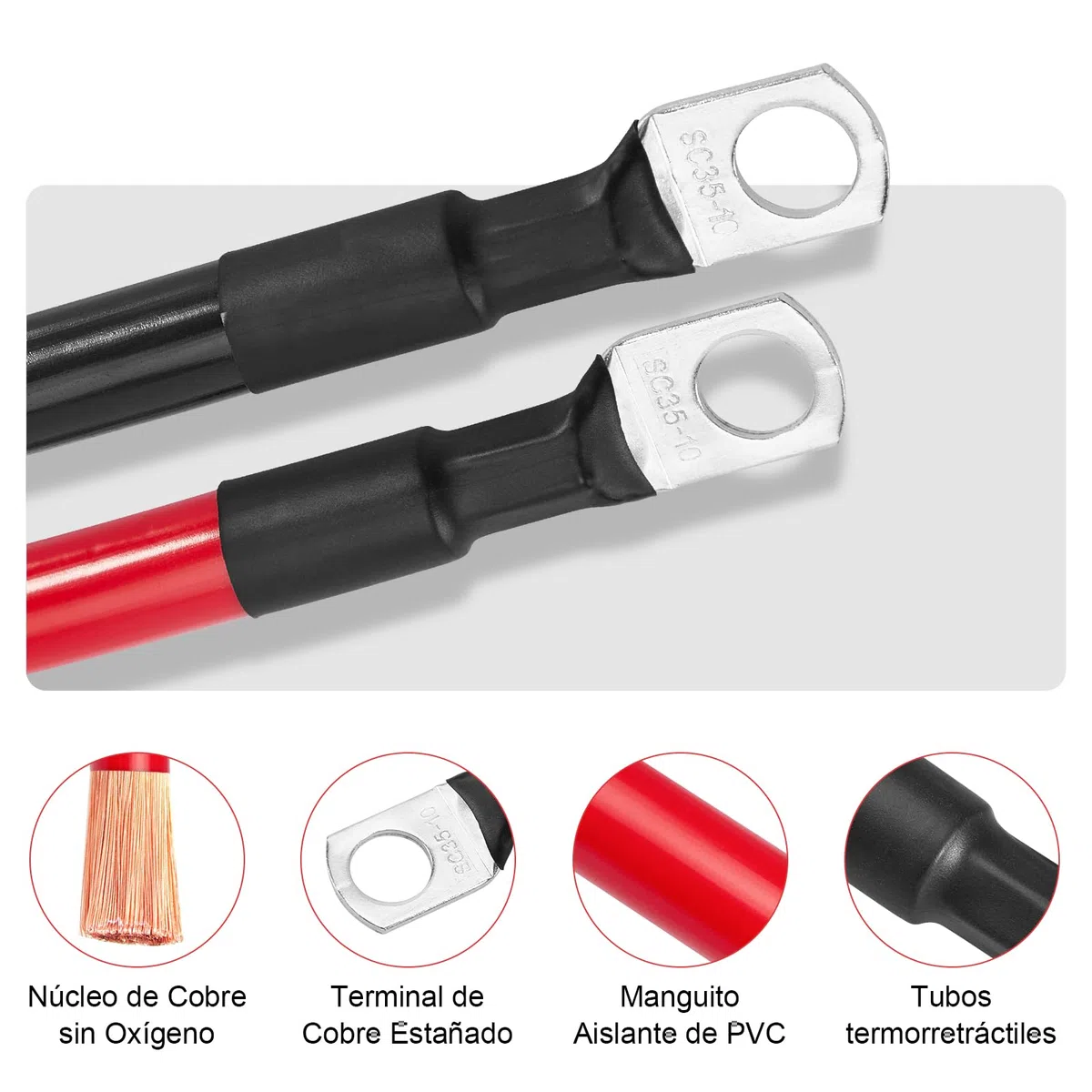 Cable Bateria Coche 35mm2, Cables Arranque Batería 2AWG 100cm, Alambre de Cobre Libre de Oxígeno, Corriente Máxima 150A, Tensión Nominal 450V, 35mm² Cable Inversor de Batería 12V 24V