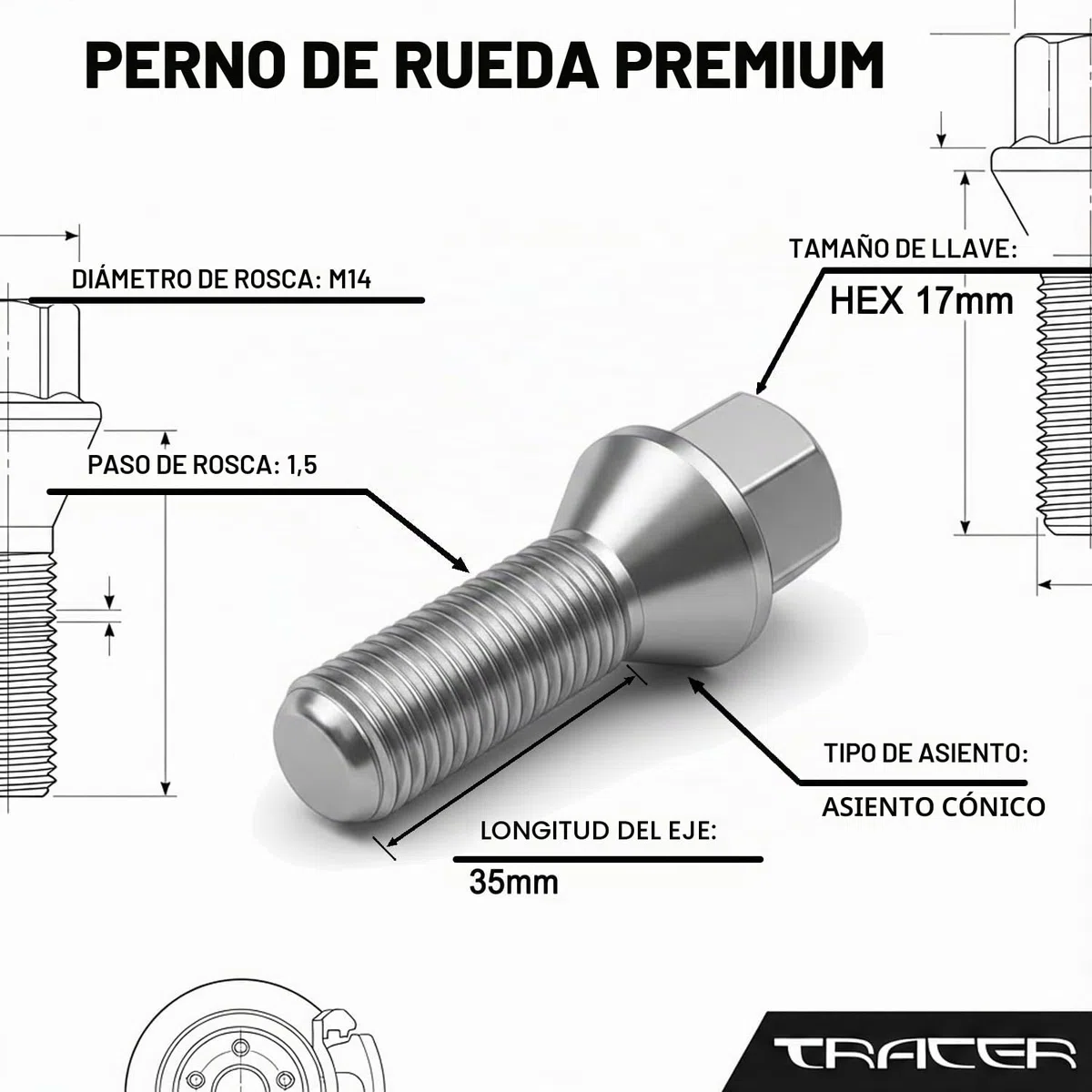 TRACER 20 tornillos de rueda, perno cónico, plata, M14 x 1,5, 35 mm