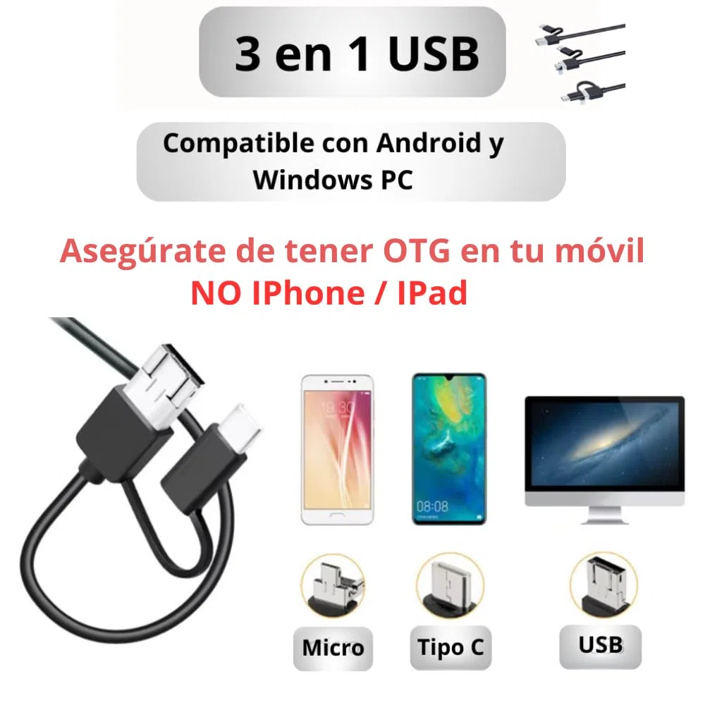 Endoscopio para Móvil, Cámara Endoscópica para Móvil HD 720P Ø3,9 mm, Cable Semirrígido 1,5 m, 6 LED, IP67, Cámara de Inspección para Android, Tablet y PC, Bricolaje y Uso Profesional