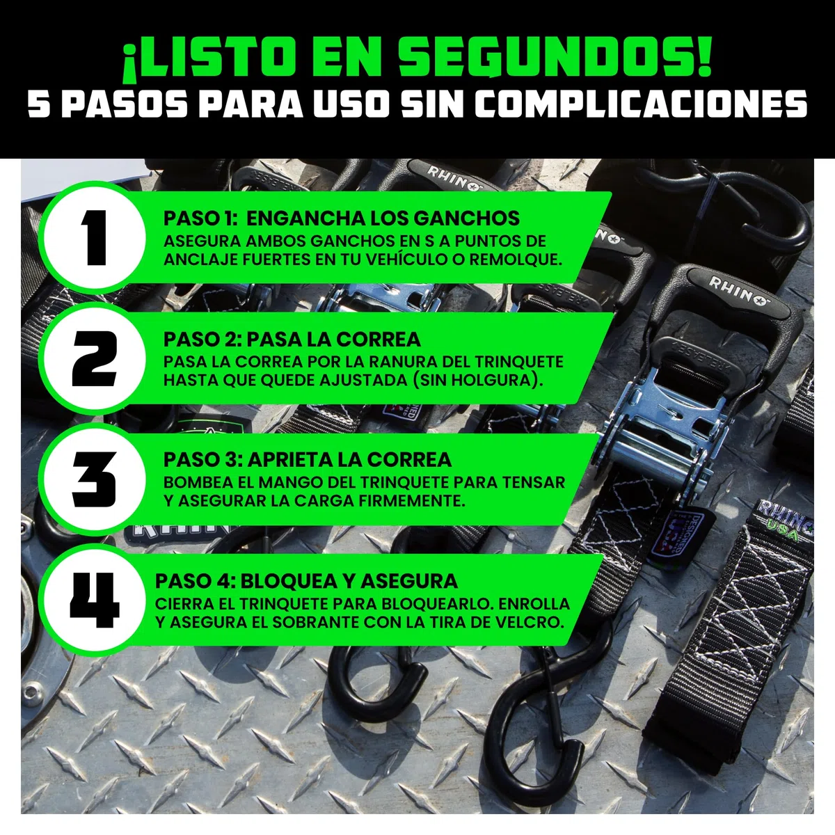 Rhino USA Kit Correas de Amarre Servicio Pesado (Paqeute de 2) 4cmx2,4m (2000kg de Resistencia a la Rotura) - Cinchas Fijación Últimas con Ganchos de Seguridad para Camionetas, ATV, UTV, Motos - Azul